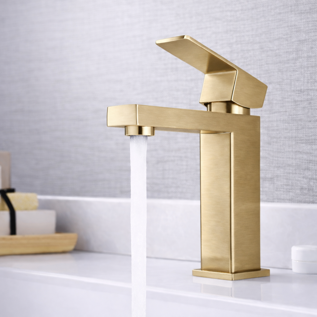 Single Hole Bathroom Faucet – Elegance Square Design, Brushed Gold Finish, Modern 6.5"