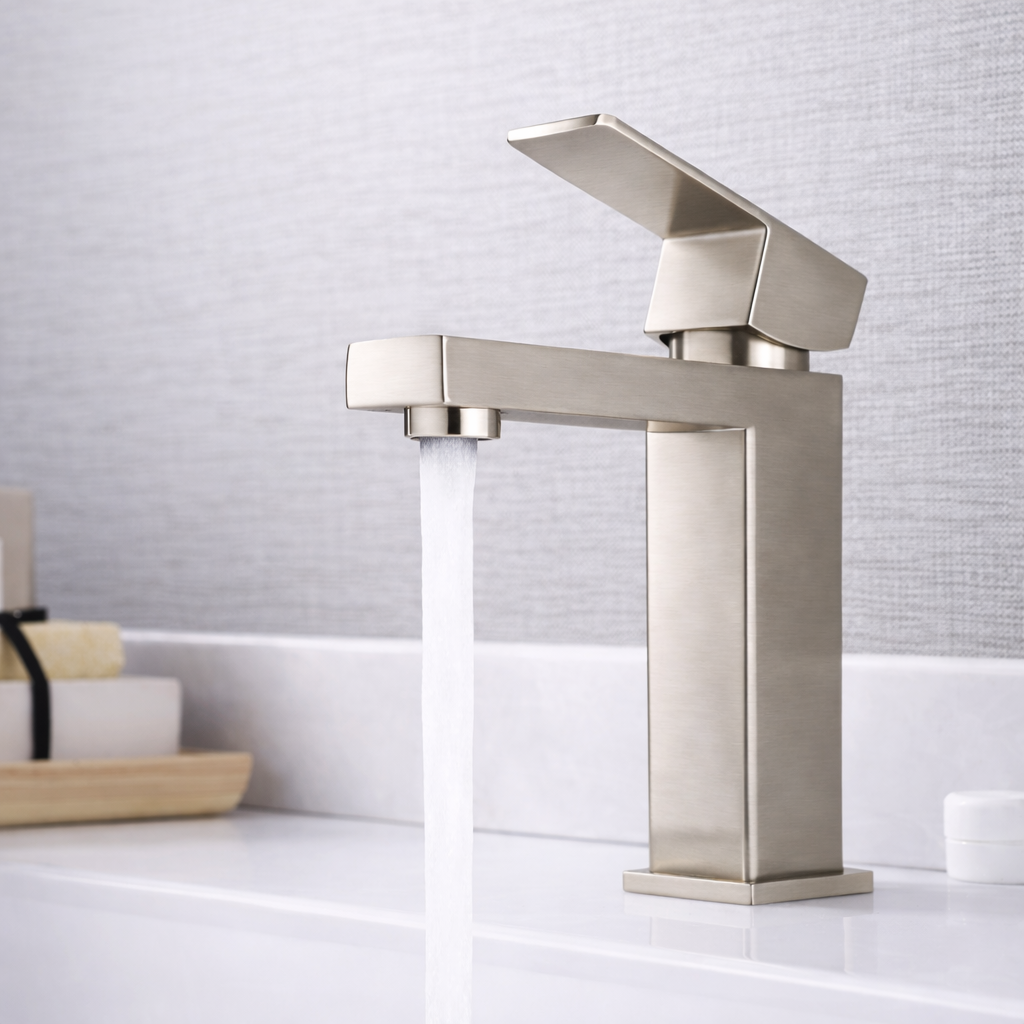 Single Hole Bathroom Faucet Elegance Square Design Brushed Nickel Finish 6.5"