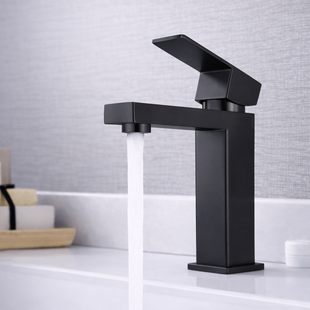 Single Hole Bathroom Faucet – Elegance Square Design, Matte Black Finish, Modern 6.5"
