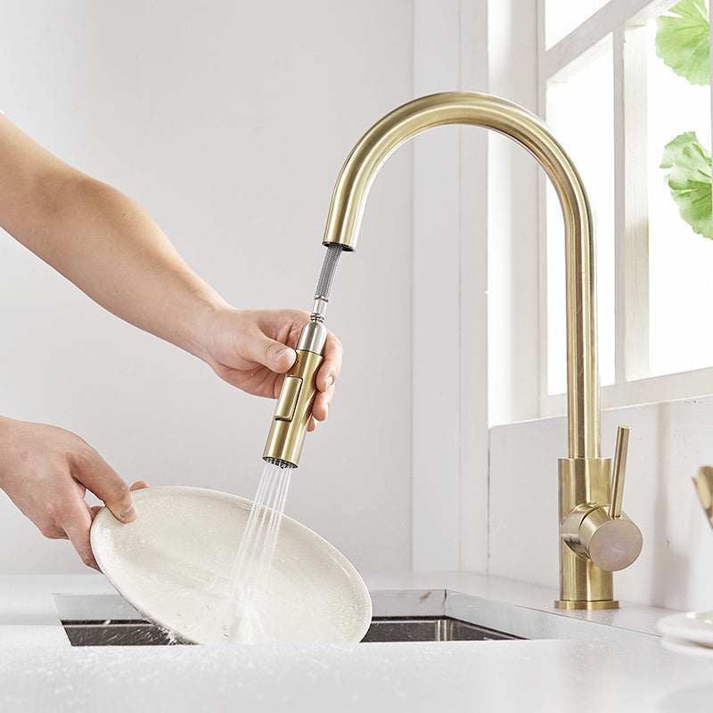 MAX Faucets Smart Touch kitchen faucet in brushed gold finish with pull-out spray.