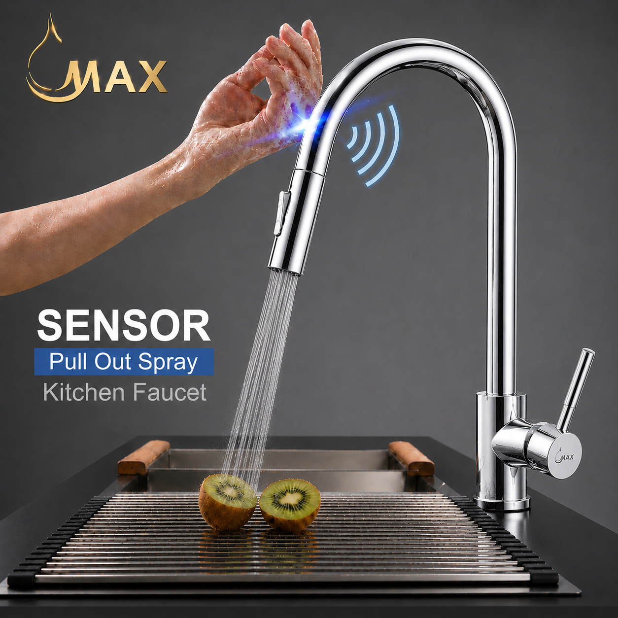 Sensor pull-out spray kitchen faucet with water flowing over kiwis on a sink.