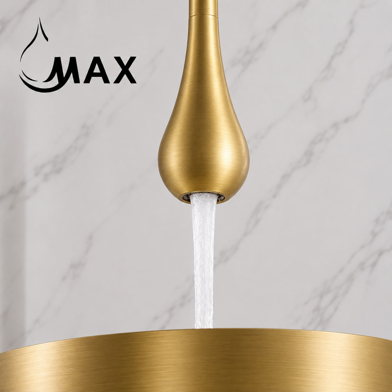 Gold faucet with water flowing on a marble background, featuring the brand 'MAX'.