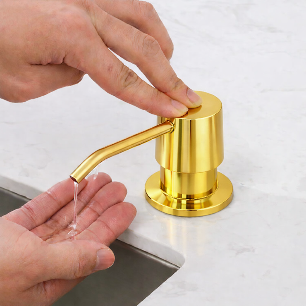MAX Faucets | Shiny Gold Soap and Lotion Dispenser – 360° Swivel, Refillable, 17oz Capacity MP-12122-SG