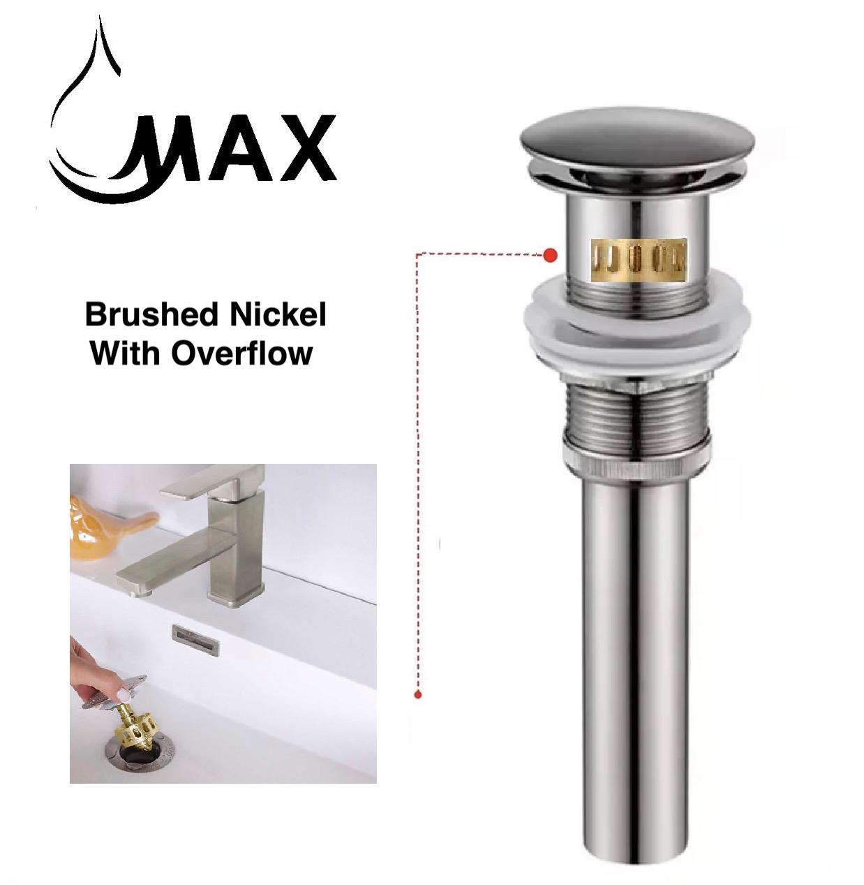 MAX Faucets | Solid Brass Pop-Up Bathroom Sink Drain Assembly – Brushed Nickel Finish with Overflow and Hair Catcher OF-150021-BN