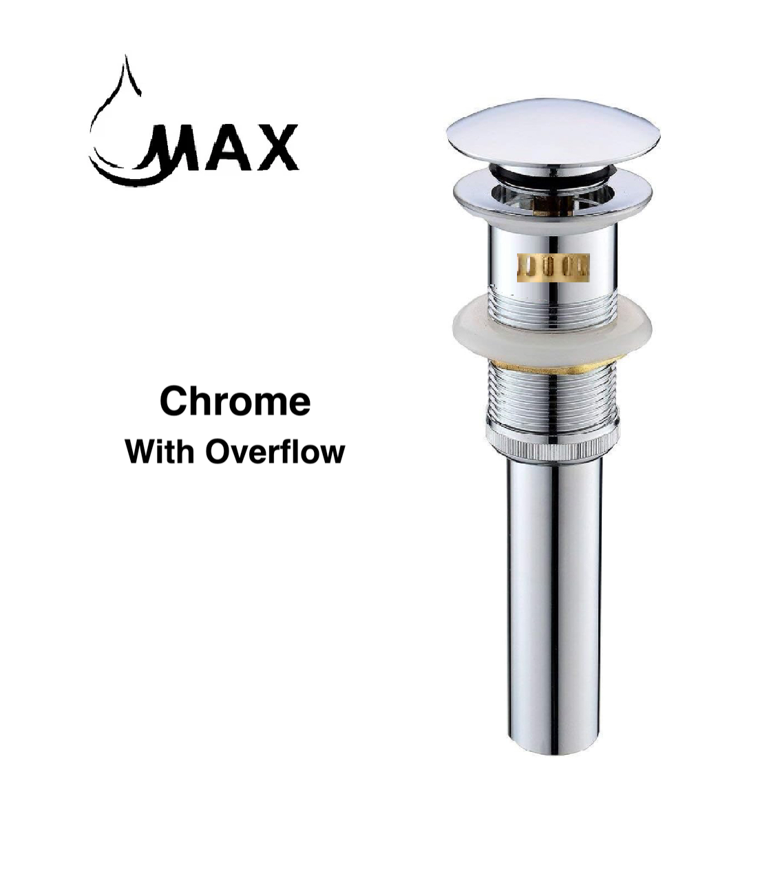 MAX Faucets | Solid Brass Pop-Up Bathroom Sink Drain Assembly – Chrome Finish with Overflow and Hair Catcher OF-150021-C