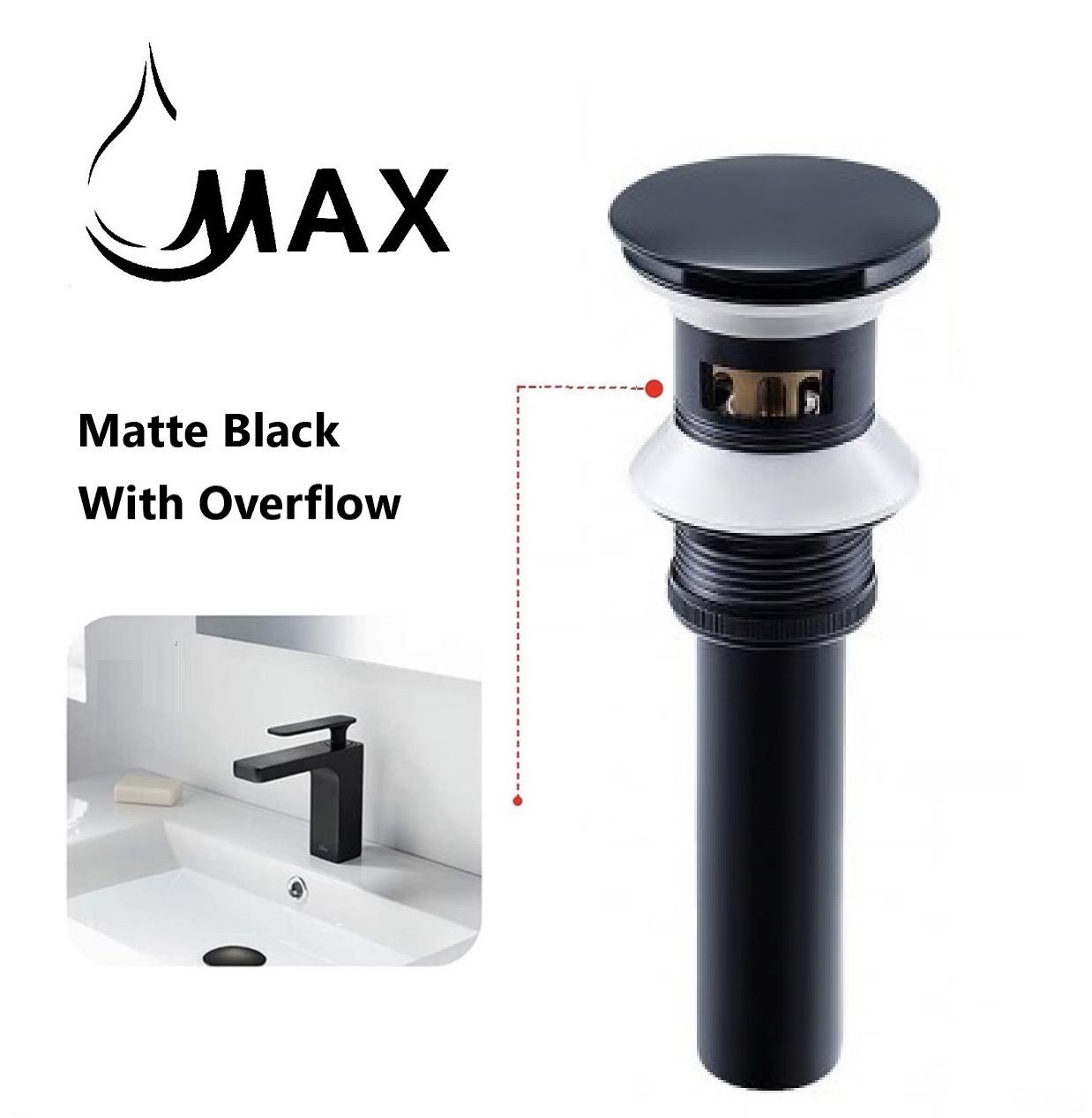 MAX Faucets | Solid Brass Pop-Up Bathroom Sink Drain Assembly – Matte Black Finish with Overflow and Hair Catcher OF-150021-MB