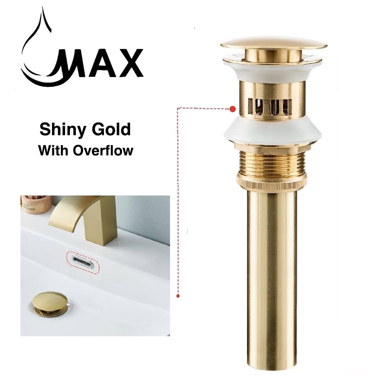 MAX Faucets | Solid Brass Pop-Up Bathroom Sink Drain Assembly – Shiny Gold Finish with Overflow OF-150021-SG