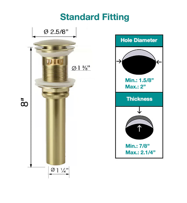 MAX Faucets | Solid Brass Pop-Up Bathroom Sink Drain Assembly Size – with Overflow and Hair Catcher