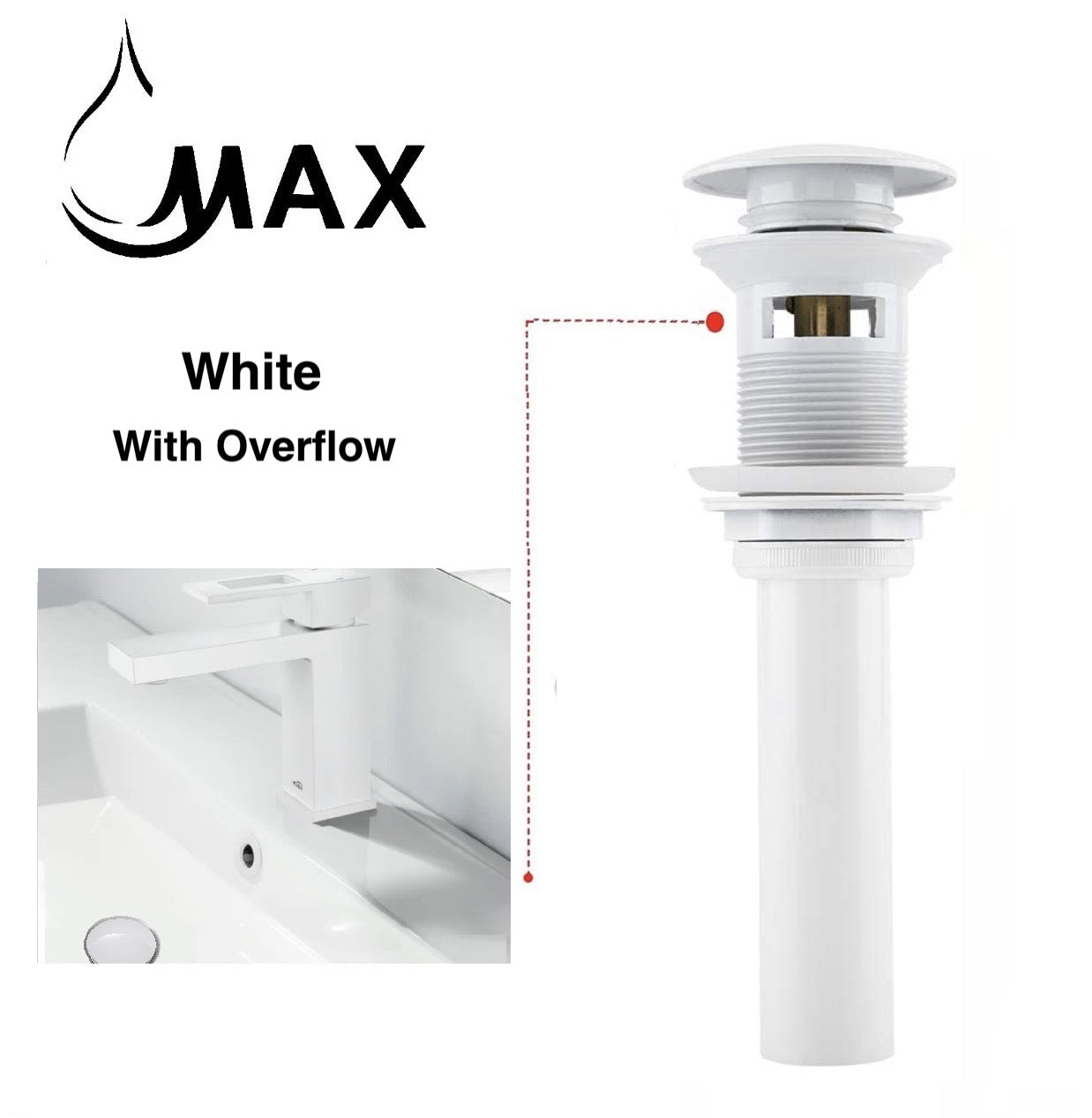 MAX Faucets | Solid Brass Pop-Up Bathroom Sink Drain Assembly – White Finish with Overflow OF-150021-W