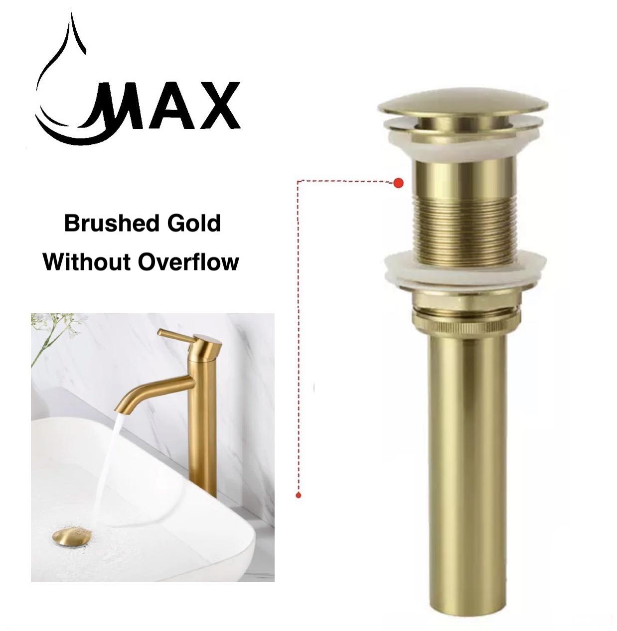 MAX Faucets | Solid Brass Pop-Up Bathroom Sink Drain Without Overflow – Brushed Gold Finish WO-150021-BG
