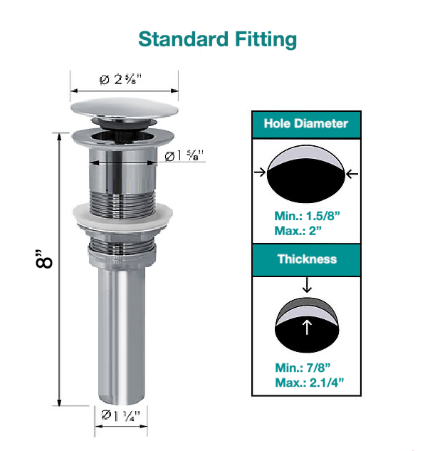 MAX Faucets | Solid Brass Pop-Up Bathroom Sink Drain Without Overflow – Chrome Finish WO-150021-C Size