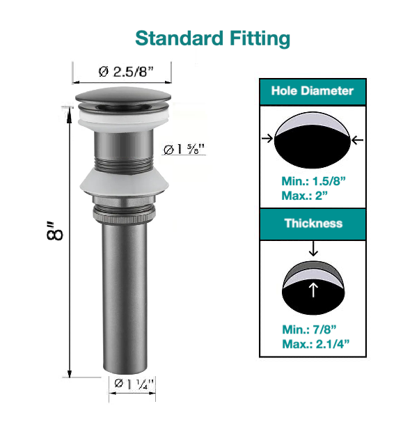 MAX Faucets | Solid Brass Pop-Up Bathroom Sink Drain Without Overflow – Gun Black Finish WO-150021-GB Size