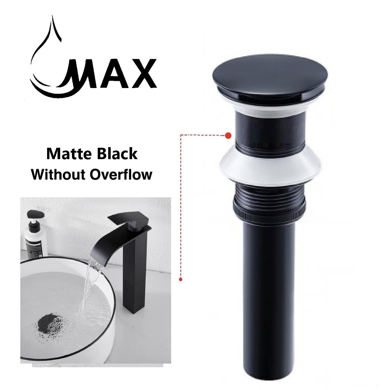 MAX Faucets | Solid Brass Pop-Up Bathroom Sink Drain Without Overflow – Matte Black Finish WO-150021-MB