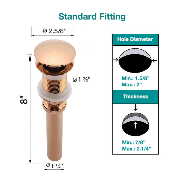 MAX Faucets | Solid Brass Pop-Up Bathroom Sink Drain Without Overflow – Rose Gold Finish WO-150021-RG Size