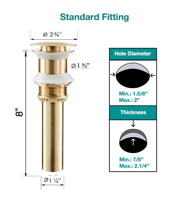 MAX Faucets | Solid Brass Pop-Up Bathroom Sink Drain Without Overflow – Shiny Gold Finish WO-150021-SG Size