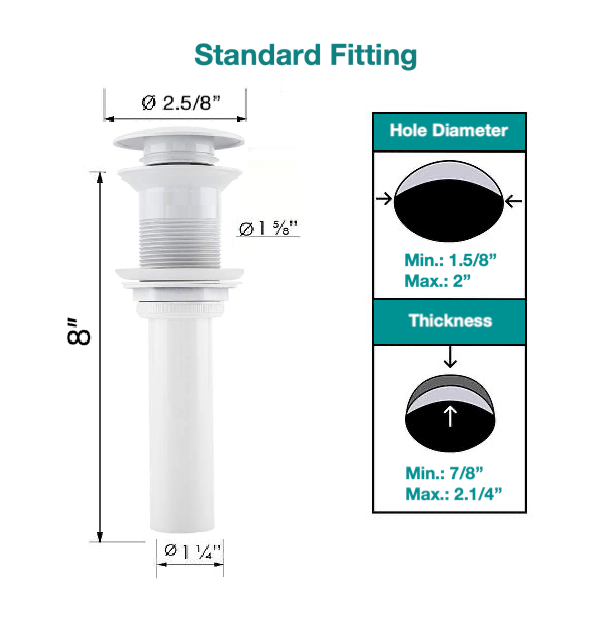 MAX Faucets | Solid Brass Pop-Up Bathroom Sink Drain Without Overflow – White Finish WO-150021-W Size