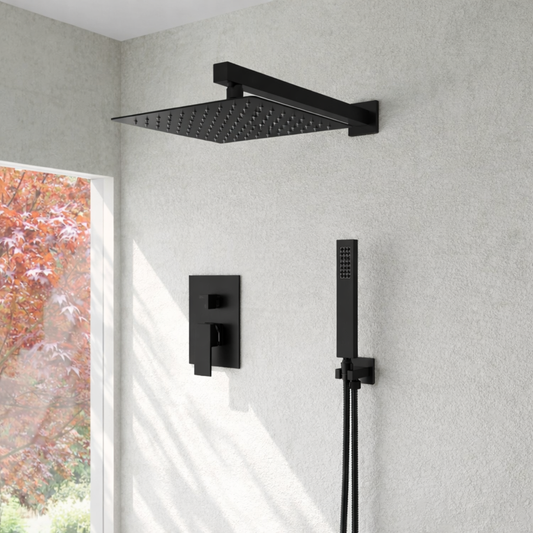 MAX Faucets | Square Shower System Set Two Functions With Pressure-Balance Valve Matte Black Finish YM-MW6225-MB