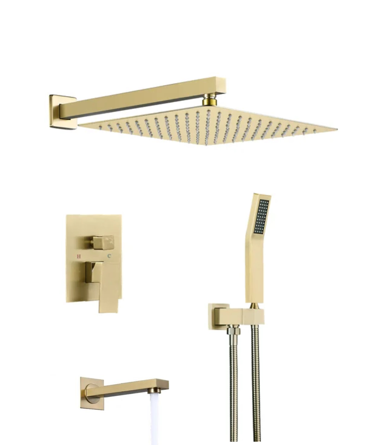 Square Tub Shower System Three Functions With Pressure-Balance Valve Brushed Gold Finish YM-MW6335-BG
