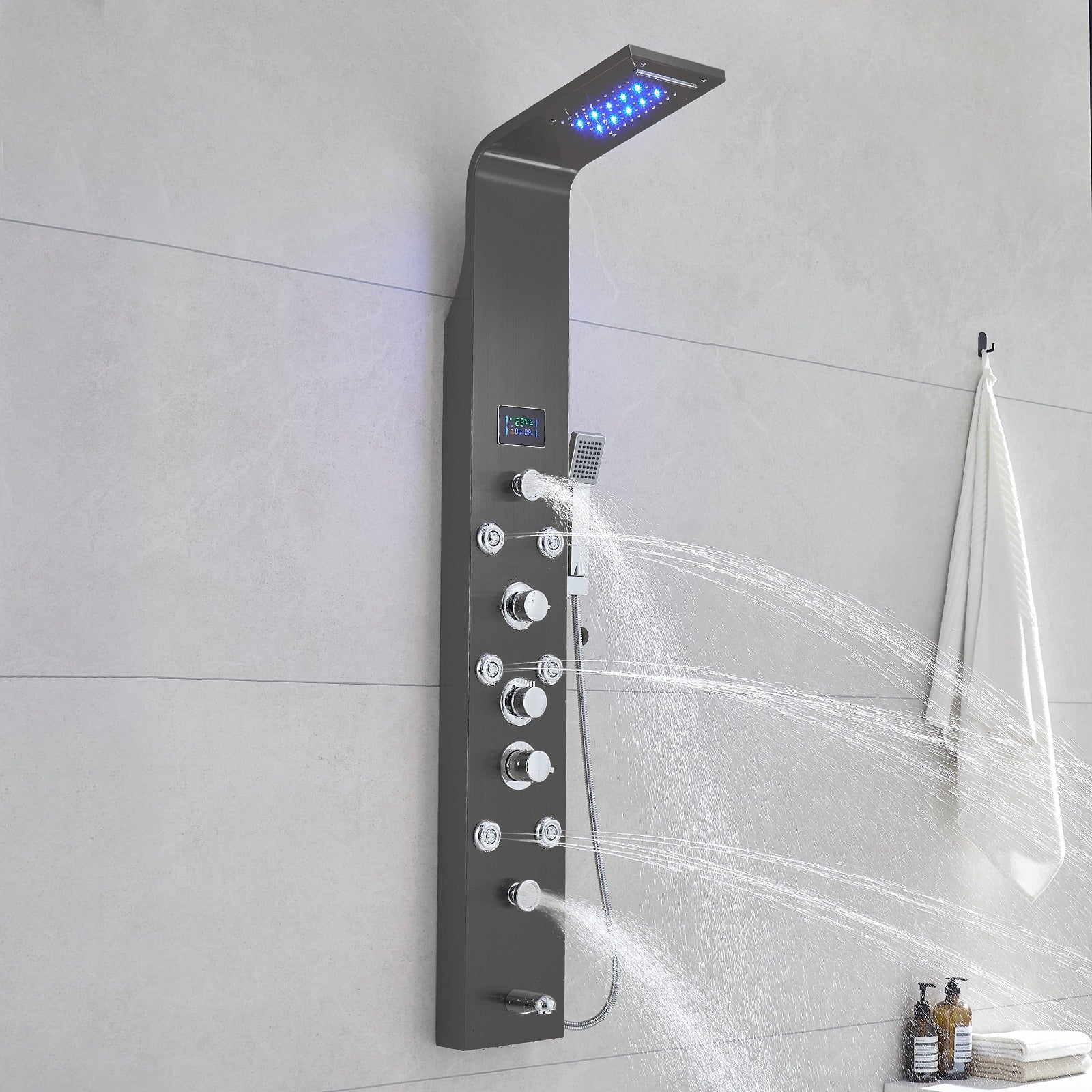 MAX Faucets Thermostatic Rainfall Shower Panel System – 6 Functions with 8 Massage Jets, Handheld Shower & Digital Display | Black Finish BM-SP12611-B