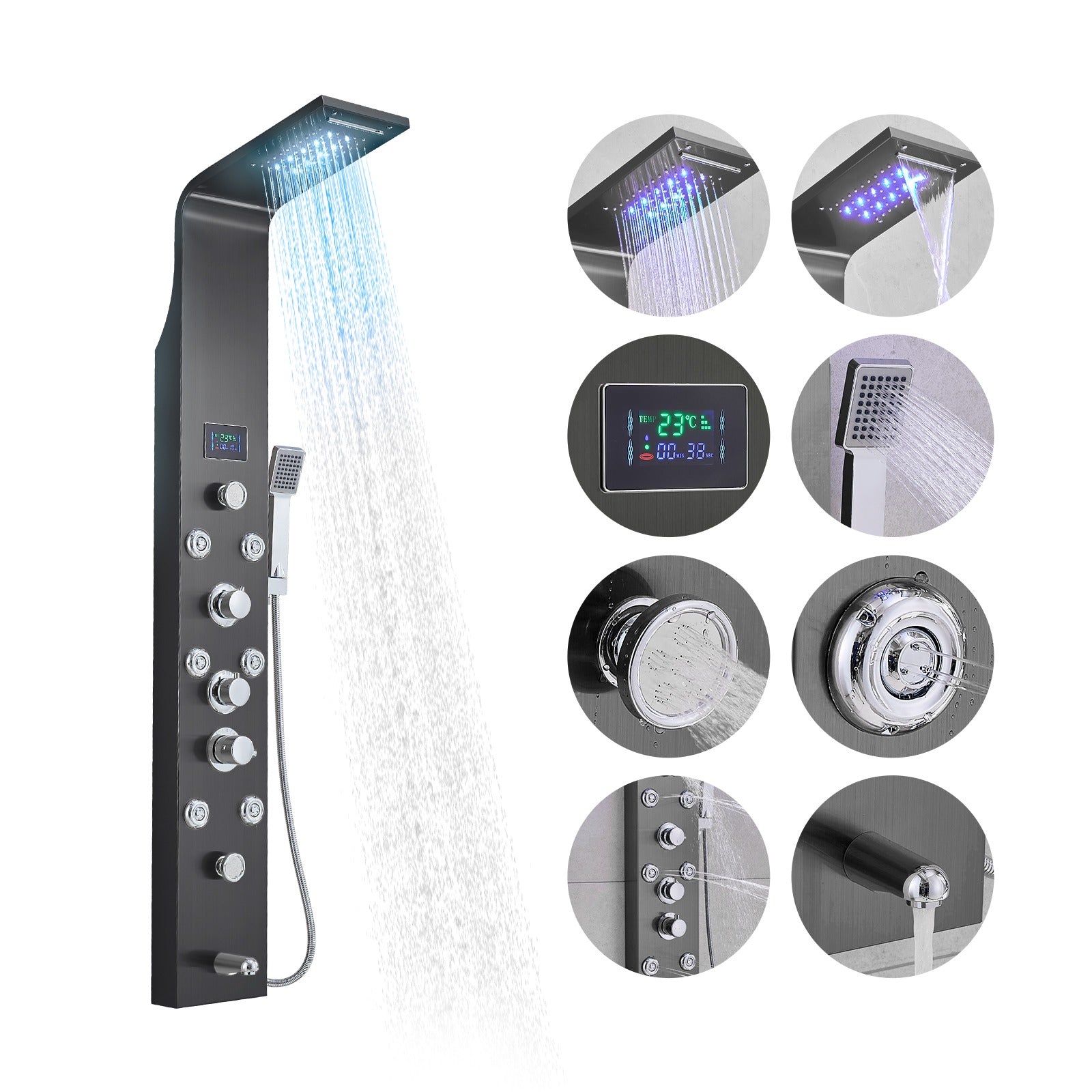 MAX Faucets Thermostatic Rainfall Shower Panel System – 6 Functions with 8 Massage Jets, Handheld Shower & Digital Display | Black Finish BM-SP12611-B