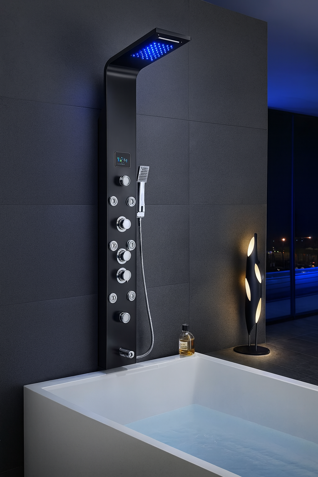 MAX Faucets Thermostatic Rainfall Shower Panel System – 6 Functions with 8 Massage Jets, Handheld Shower & Digital Display | Black Finish BM-SP12611-B