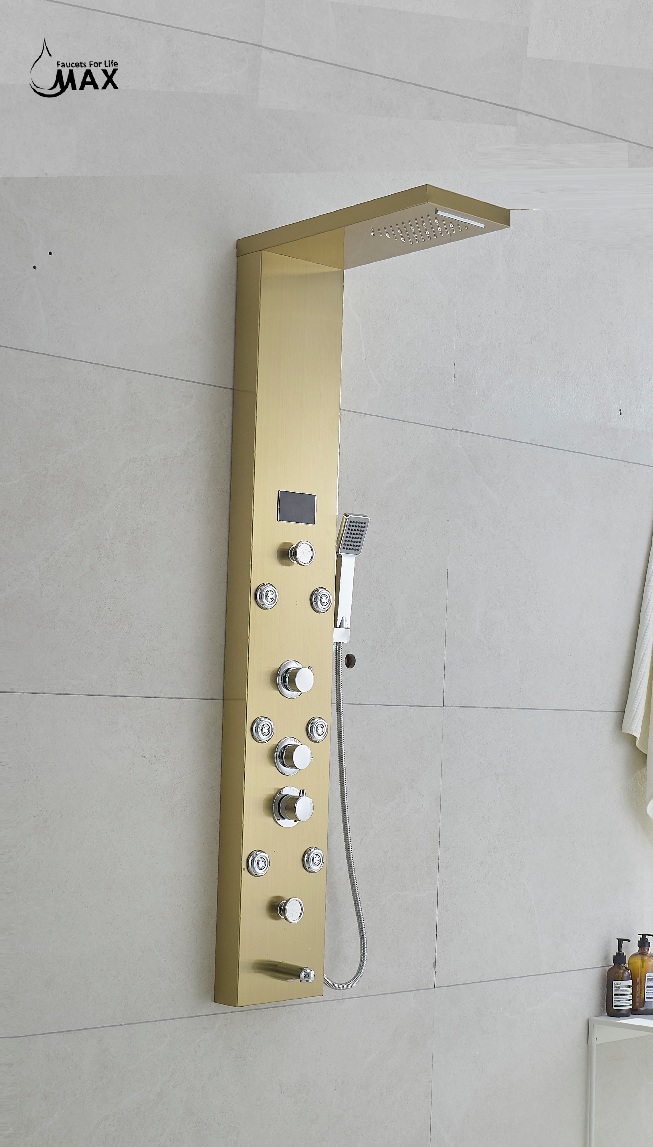 MAX Faucets | Thermostatic Rainfall & Waterfall Shower Panel System – 6 Functions with 8 Massage Jets, Handheld, and Spout (Brushed Gold Finish) BM-SP12011-BG