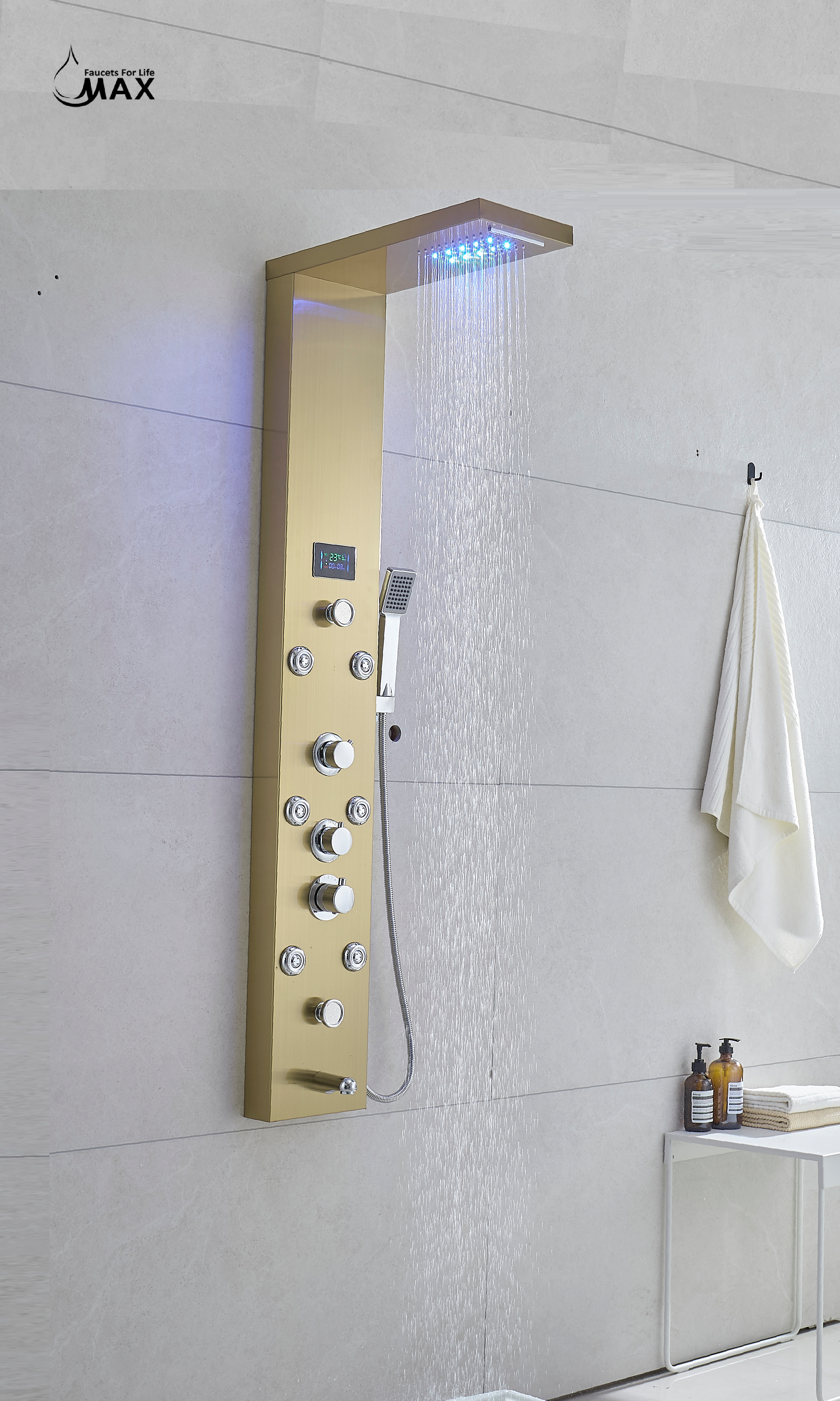 MAX Faucets | Thermostatic Rainfall & Waterfall Shower Panel System – 6 Functions with 8 Massage Jets, Handheld, and Spout (Brushed Gold Finish)