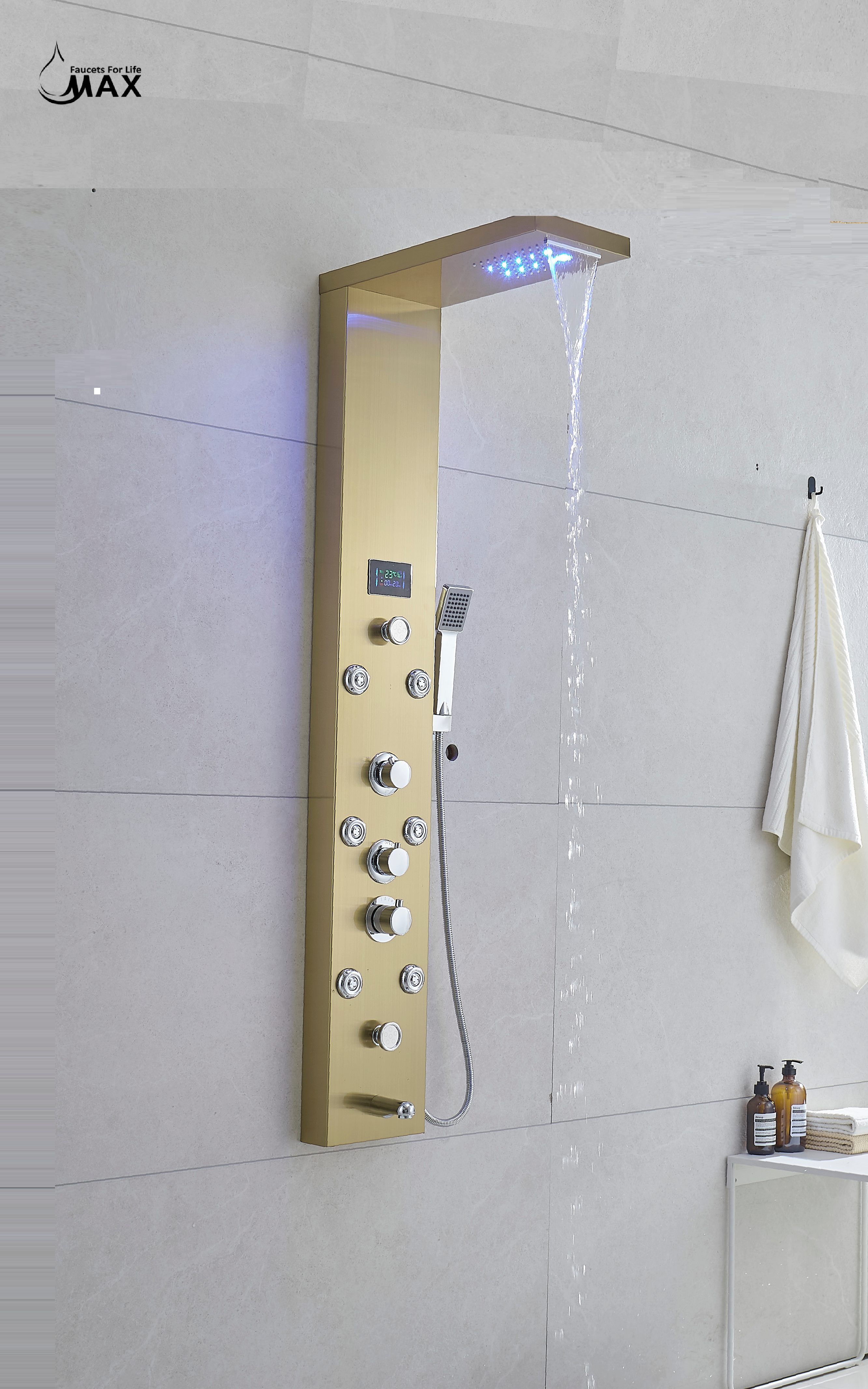 MAX Faucets | Thermostatic Rainfall & Waterfall Shower Panel System – 6 Functions with 8 Massage Jets, Handheld, and Spout (Brushed Gold Finish) BM-SP12011-BG