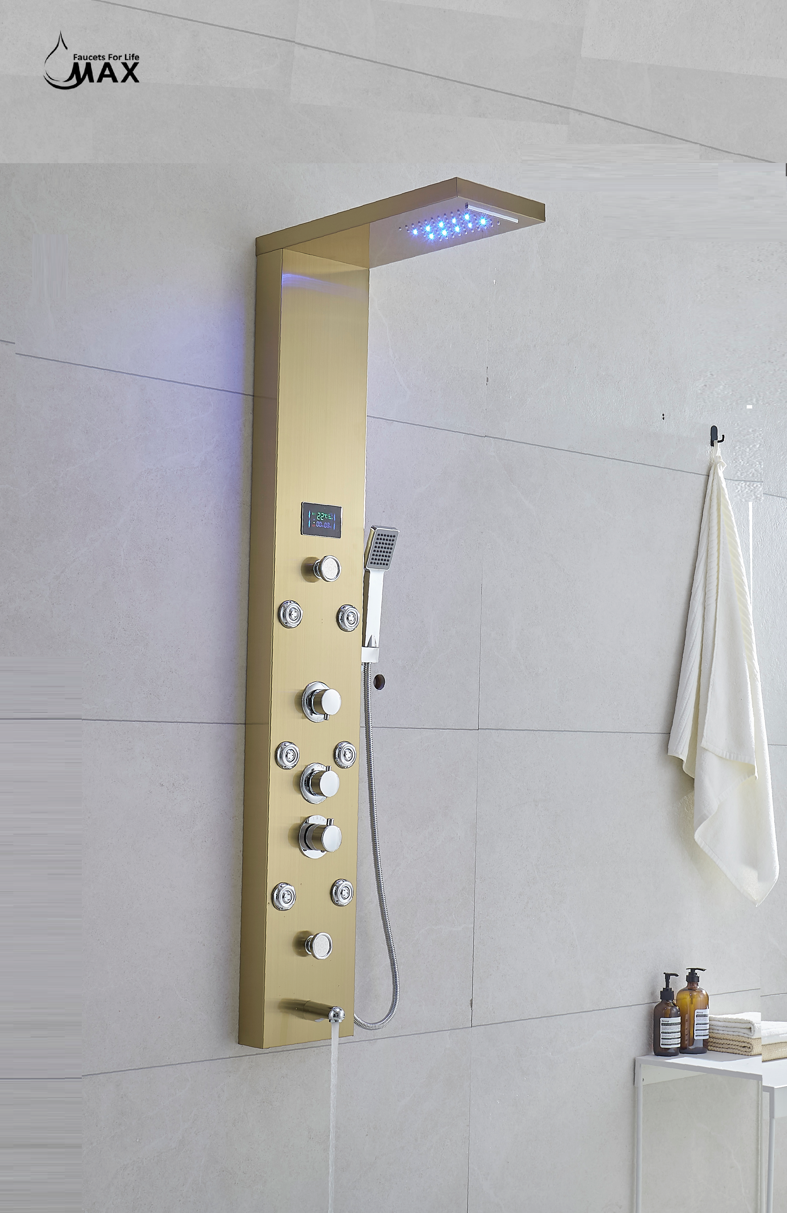 MAX Faucets | Thermostatic Rainfall & Waterfall Shower Panel System – 6 Functions with 8 Massage Jets, Handheld, and Spout (Brushed Gold Finish) BM-SP12011-BG