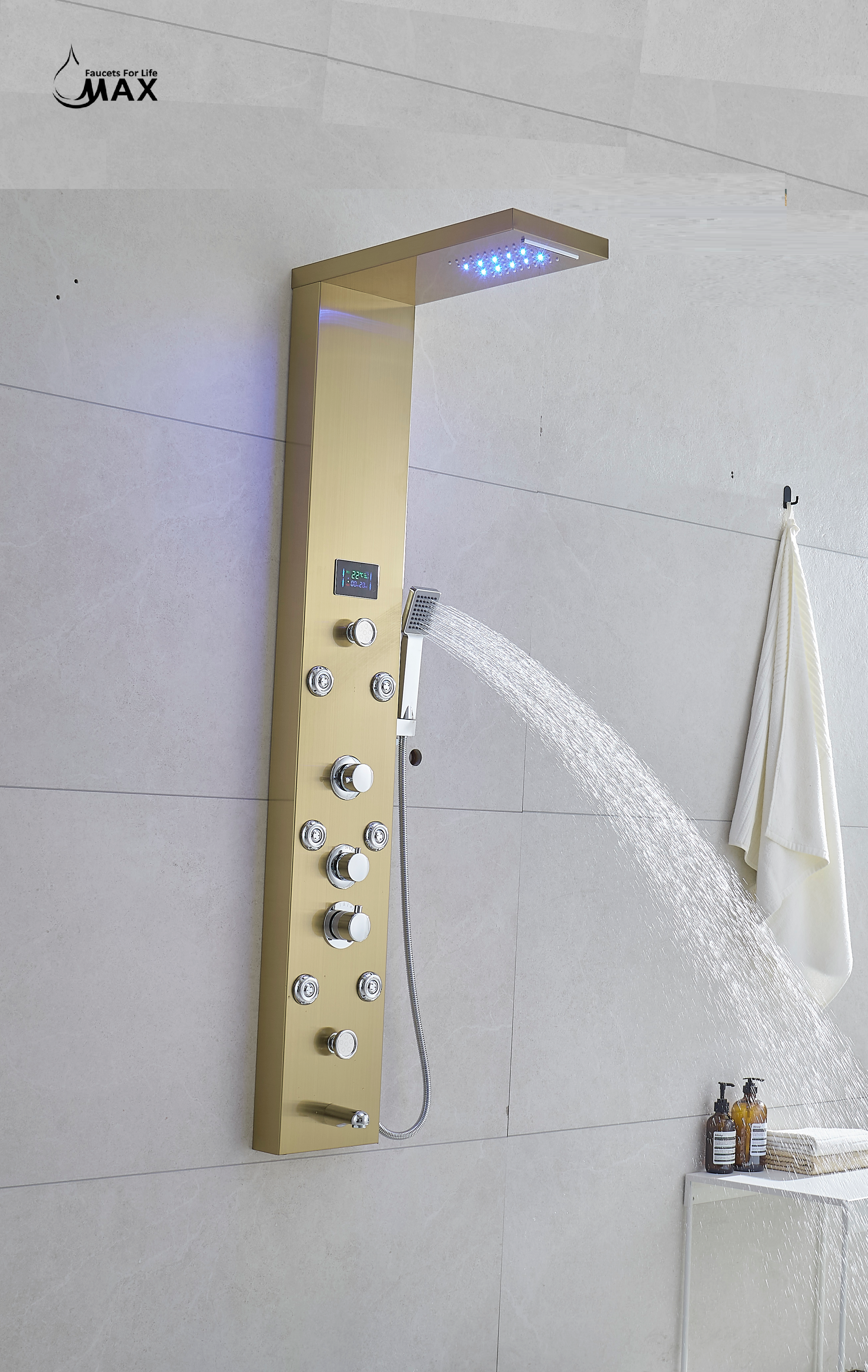 MAX Faucets | Thermostatic Rainfall & Waterfall Shower Panel System – 6 Functions with 8 Massage Jets, Handheld, and Spout (Brushed Gold Finish) BM-SP12011-BG