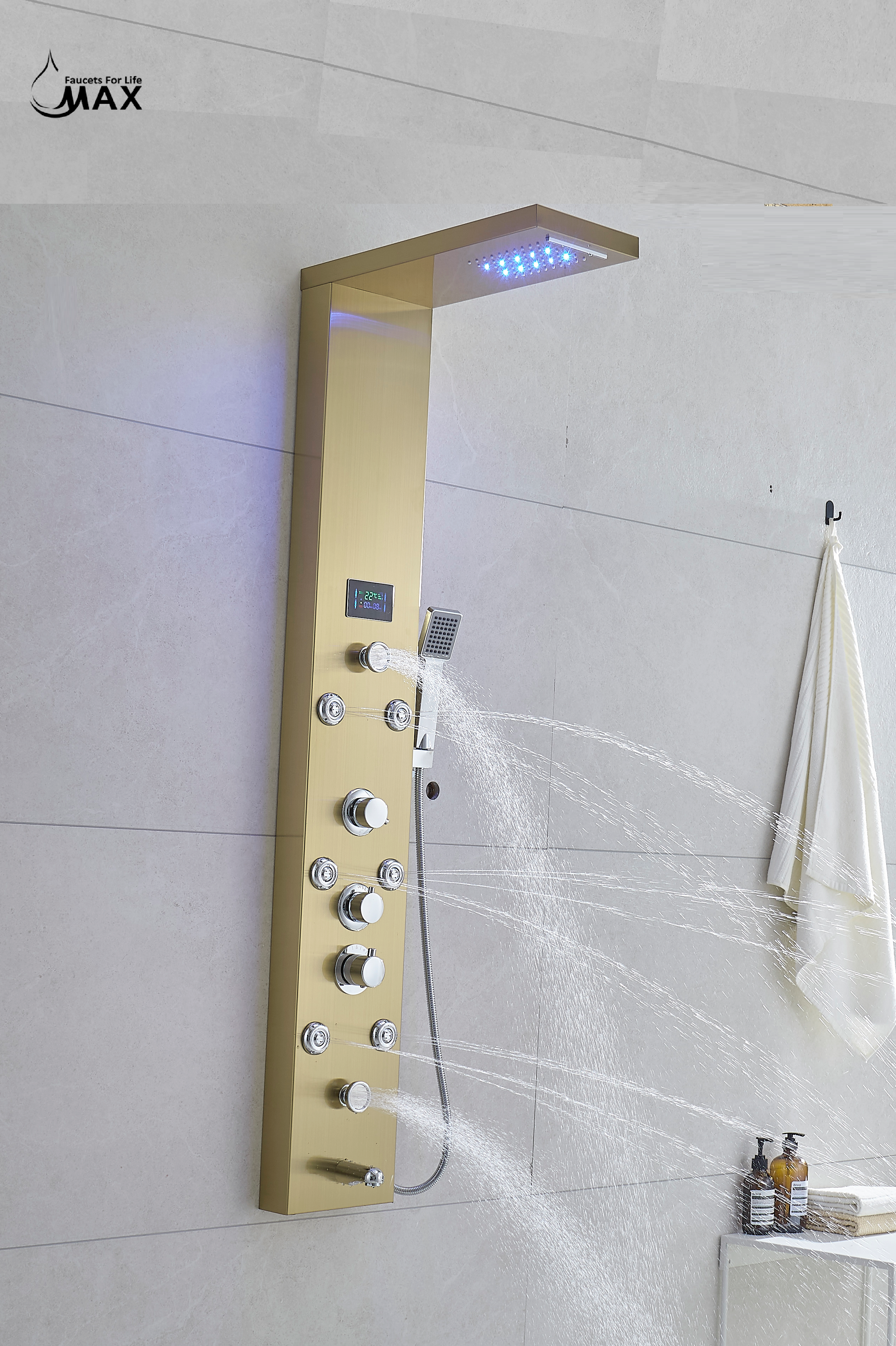 MAX Faucets | Thermostatic Rainfall & Waterfall Shower Panel System – 6 Functions with 8 Massage Jets, Handheld, and Spout (Brushed Gold Finish) BM-SP12011-BG