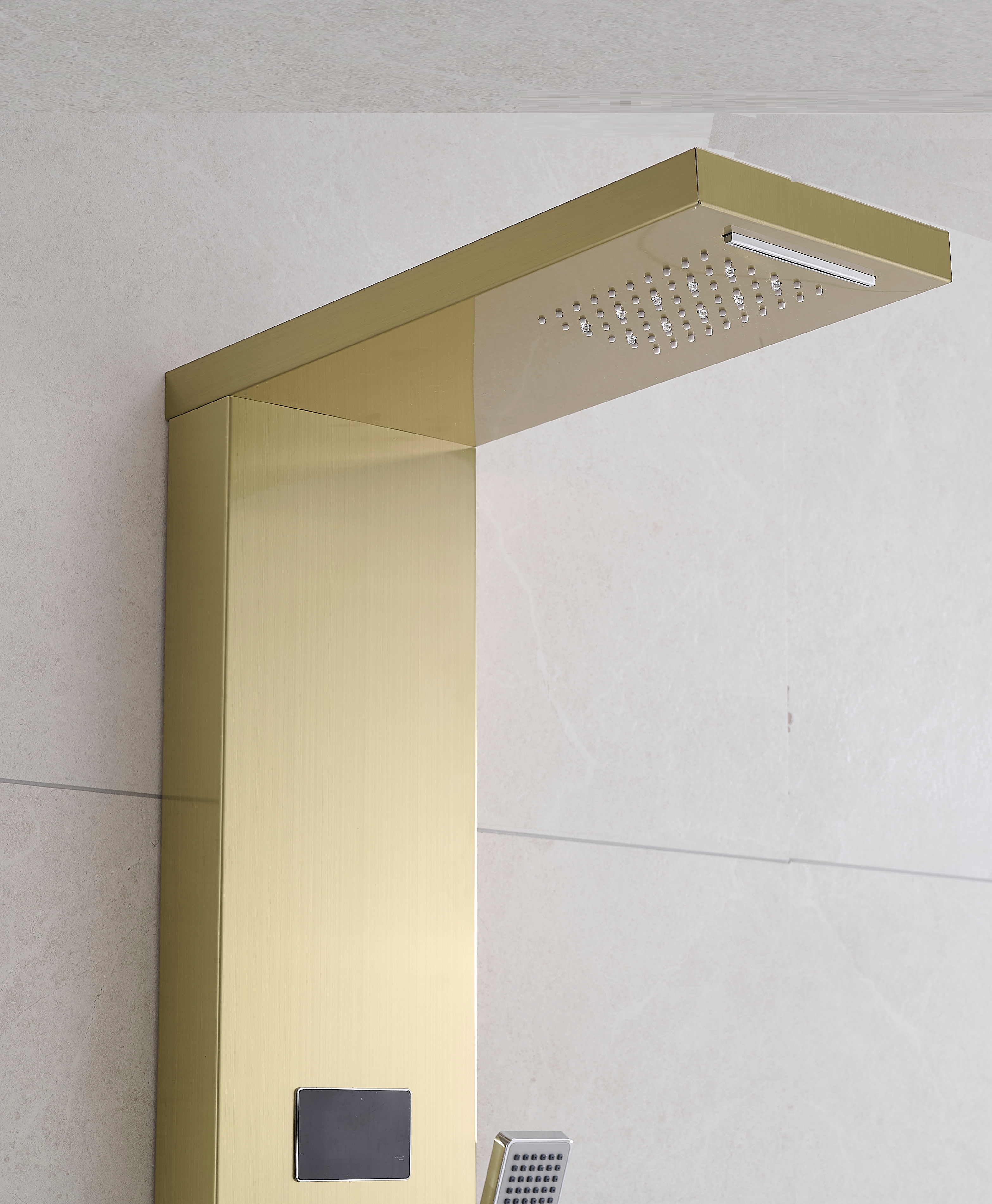 MAX Faucets | Thermostatic Rainfall & Waterfall Shower Panel System – 6 Functions with 8 Massage Jets, Handheld, and Spout (Brushed Gold Finish) BM-SP12011-BG