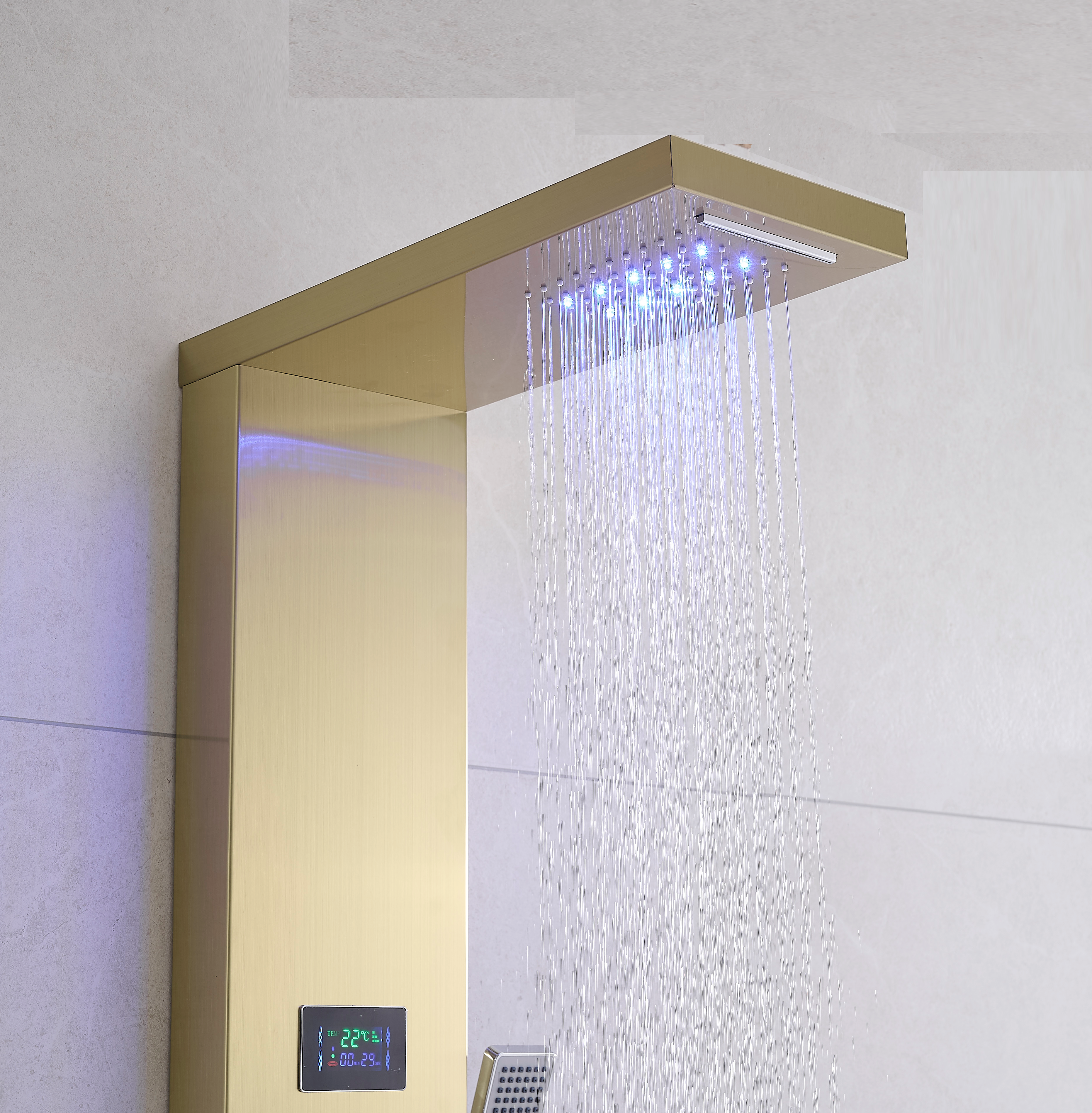 MAX Faucets | Thermostatic Rainfall & Waterfall Shower Panel System – 6 Functions with 8 Massage Jets, Handheld, and Spout (Brushed Gold Finish) BM-SP12011-BG