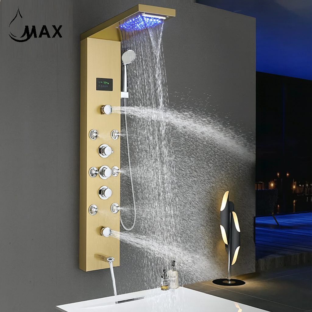 MAX Faucets | Thermostatic Rainfall & Waterfall Shower Panel System – 6 Functions with 8 Massage Jets, Handheld, and Spout (Brushed Gold Finish) BM-SP12011-BG