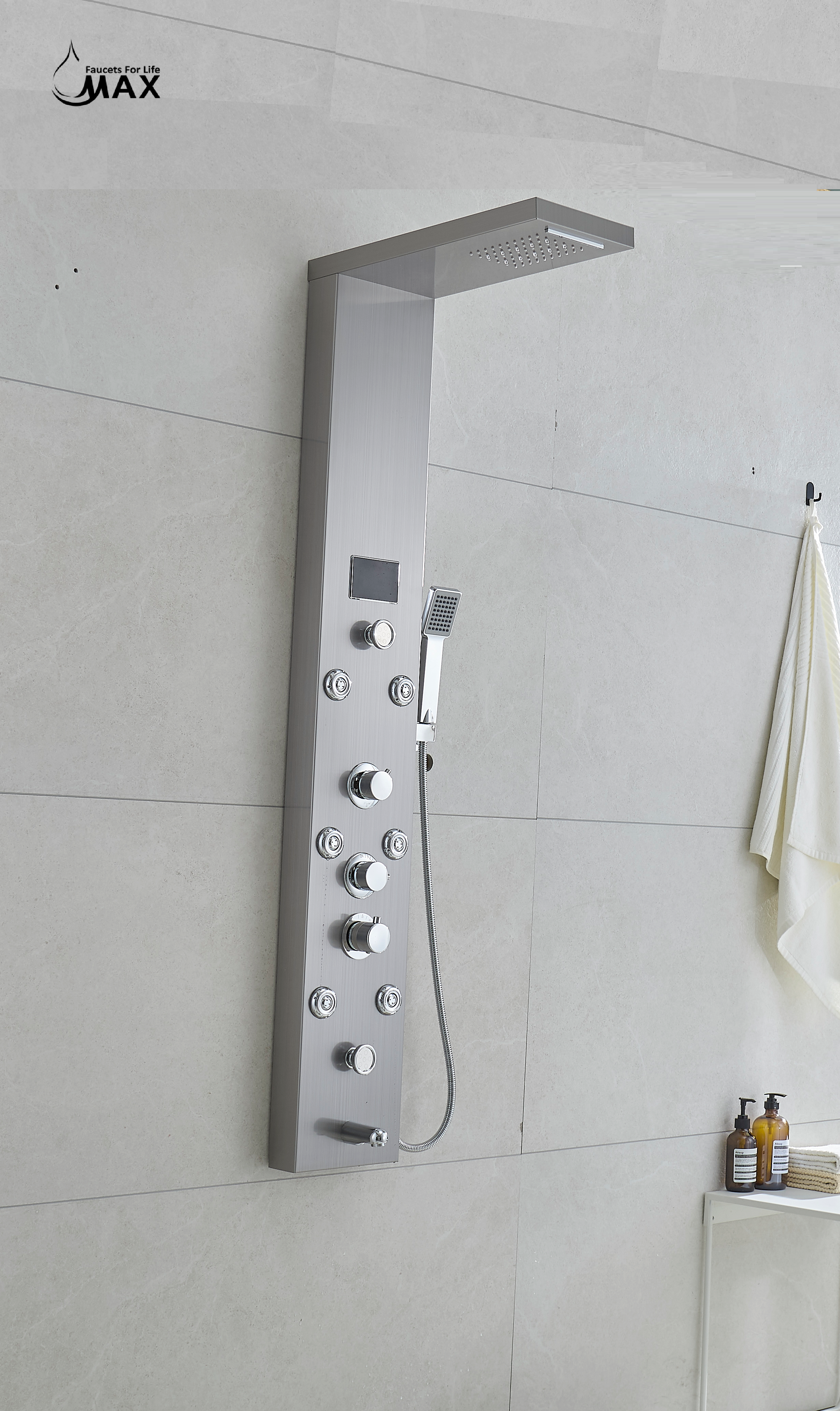 MAX Faucets | Thermostatic Rainfall & Waterfall Shower Panel System – 6 Functions with 8 Massage Jets, Handheld, and Spout (Brushed Nickel Finish) BM-SP12011-BN