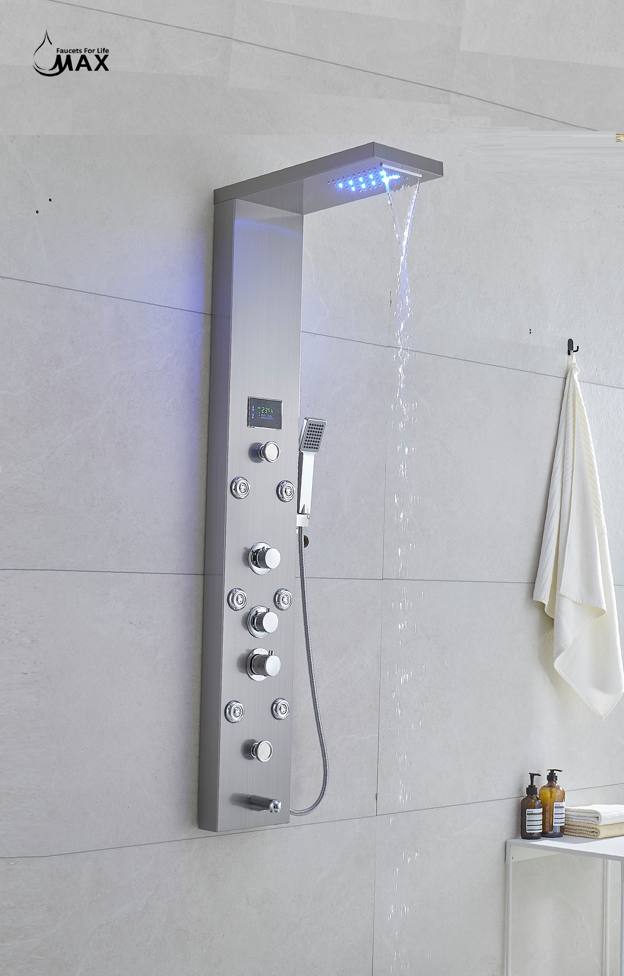 MAX Faucets | Thermostatic Rainfall & Waterfall Shower Panel System – 6 Functions with 8 Massage Jets, Handheld, and Spout (Brushed Nickel Finish) BM-SP12011-BN