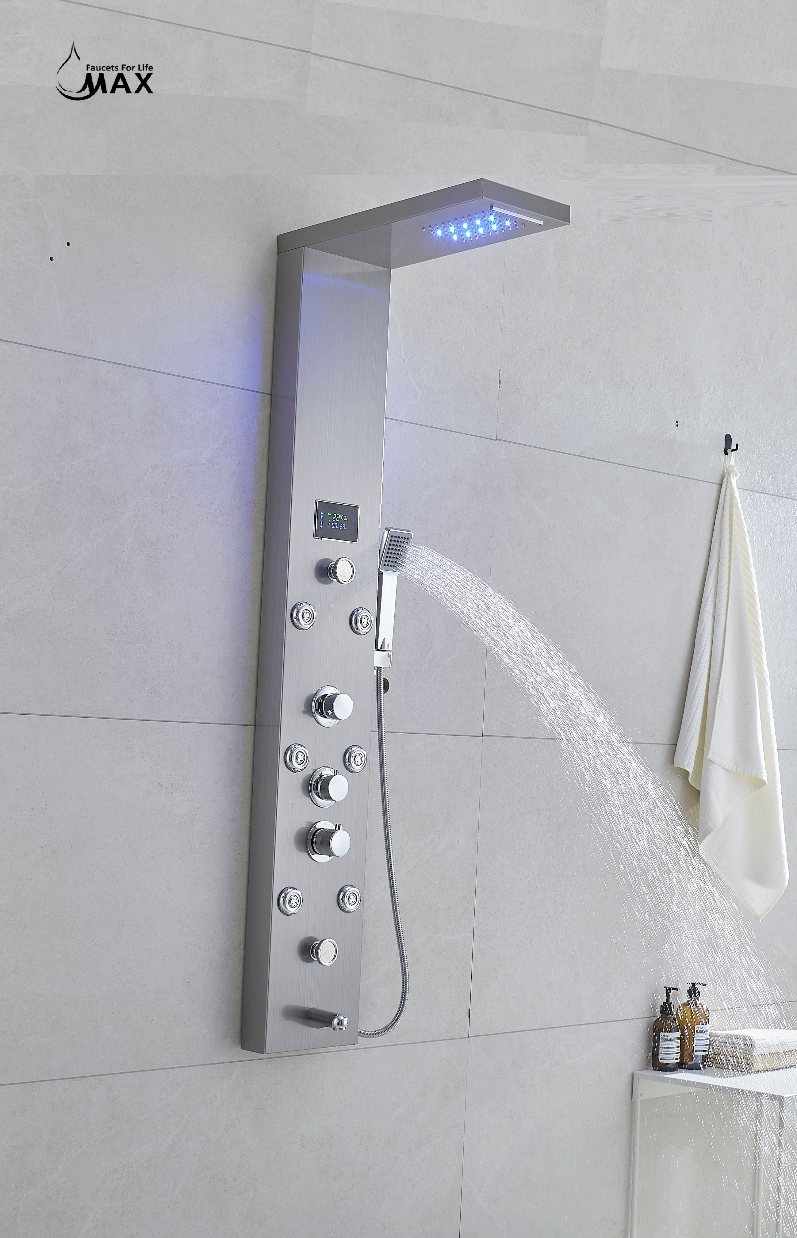 MAX Faucets | Thermostatic Rainfall & Waterfall Shower Panel System – 6 Functions with 8 Massage Jets, Handheld, and Spout (Brushed Nickel Finish) BM-SP12011-BN