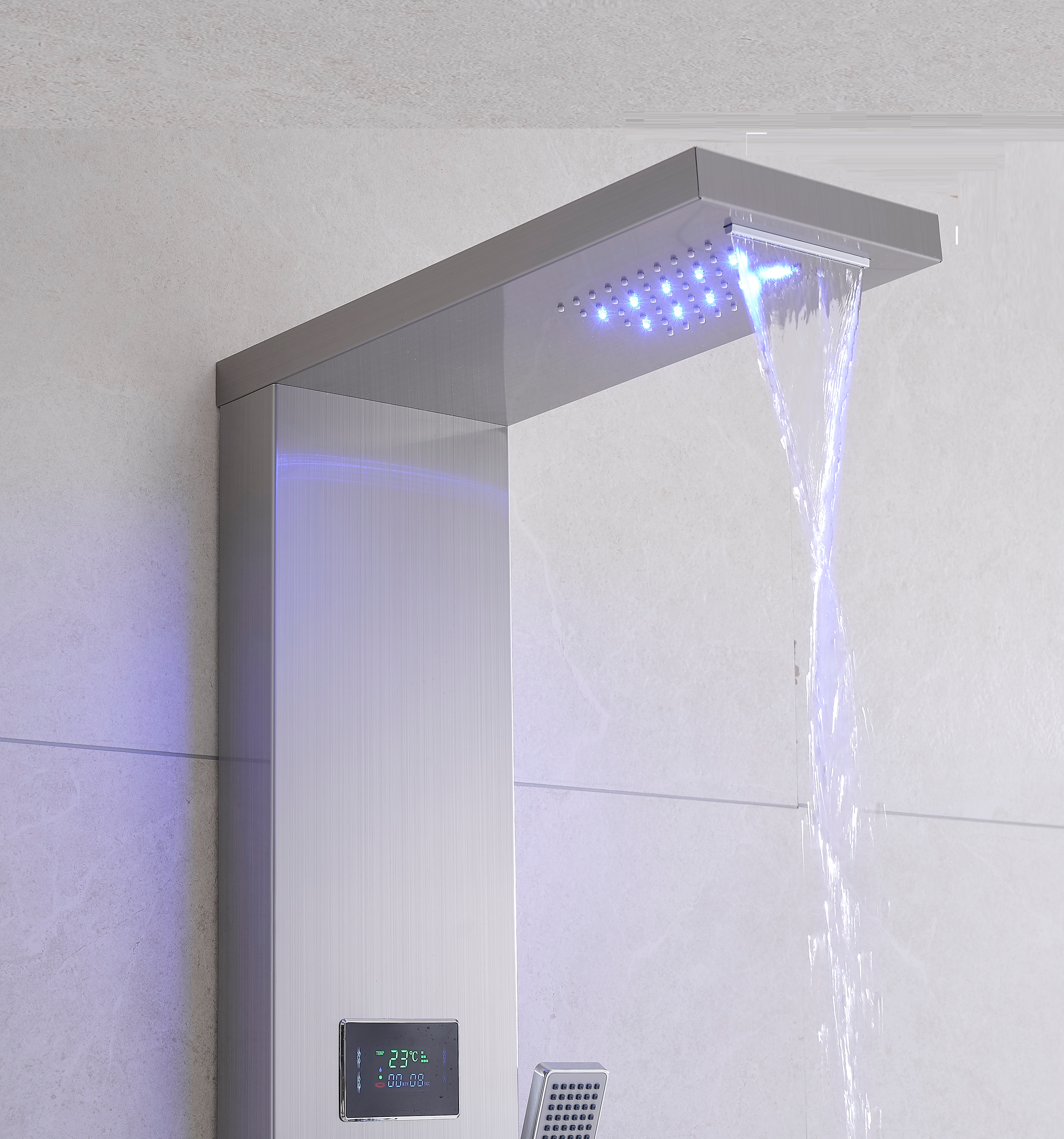 MAX Faucets | Thermostatic Rainfall & Waterfall Shower Panel System – 6 Functions with 8 Massage Jets, Handheld, and Spout (Brushed Nickel Finish) BM-SP12011-BN