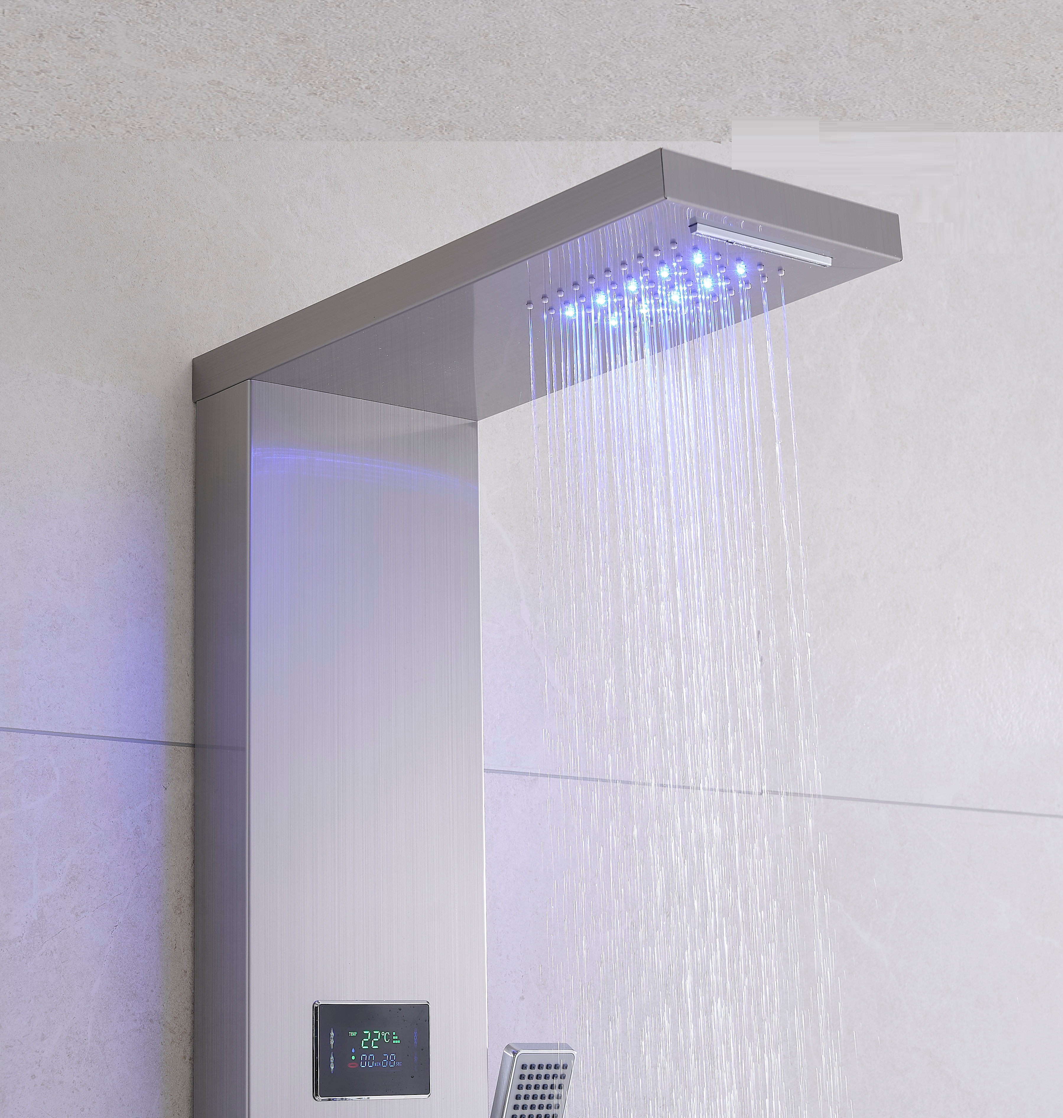 MAX Faucets | Thermostatic Rainfall & Waterfall Shower Panel System – 6 Functions with 8 Massage Jets, Handheld, and Spout (Brushed Nickel Finish) BM-SP12011-BN