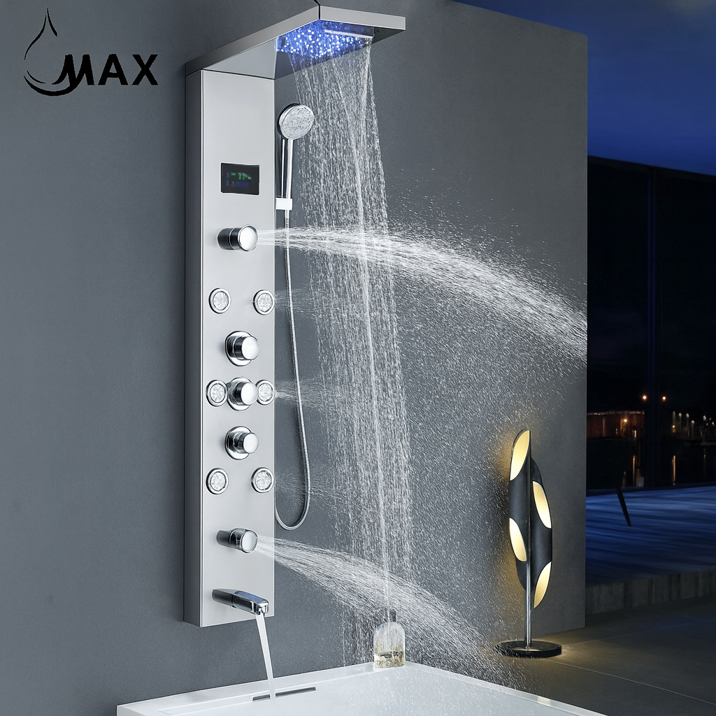 MAX Faucets | Thermostatic Rainfall & Waterfall Shower Panel System – 6 Functions with 8 Massage Jets, Handheld, and Spout (Brushed Nickel Finish) BM-SP12011-BN