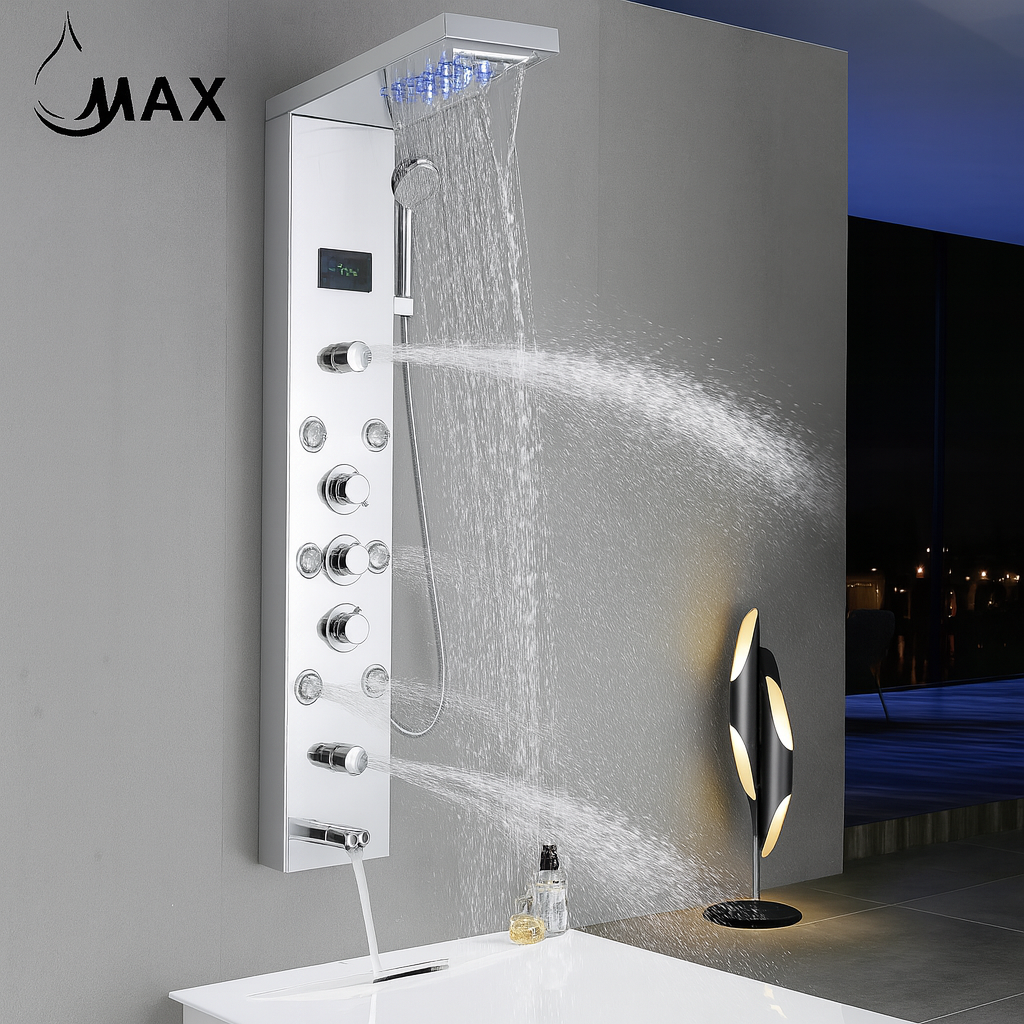 MAX Faucets | Thermostatic Rainfall & Waterfall Shower Panel System – 6 Functions with 8 Massage Jets, Handheld, and Spout (Chrome Finish) BM-SP12011-C