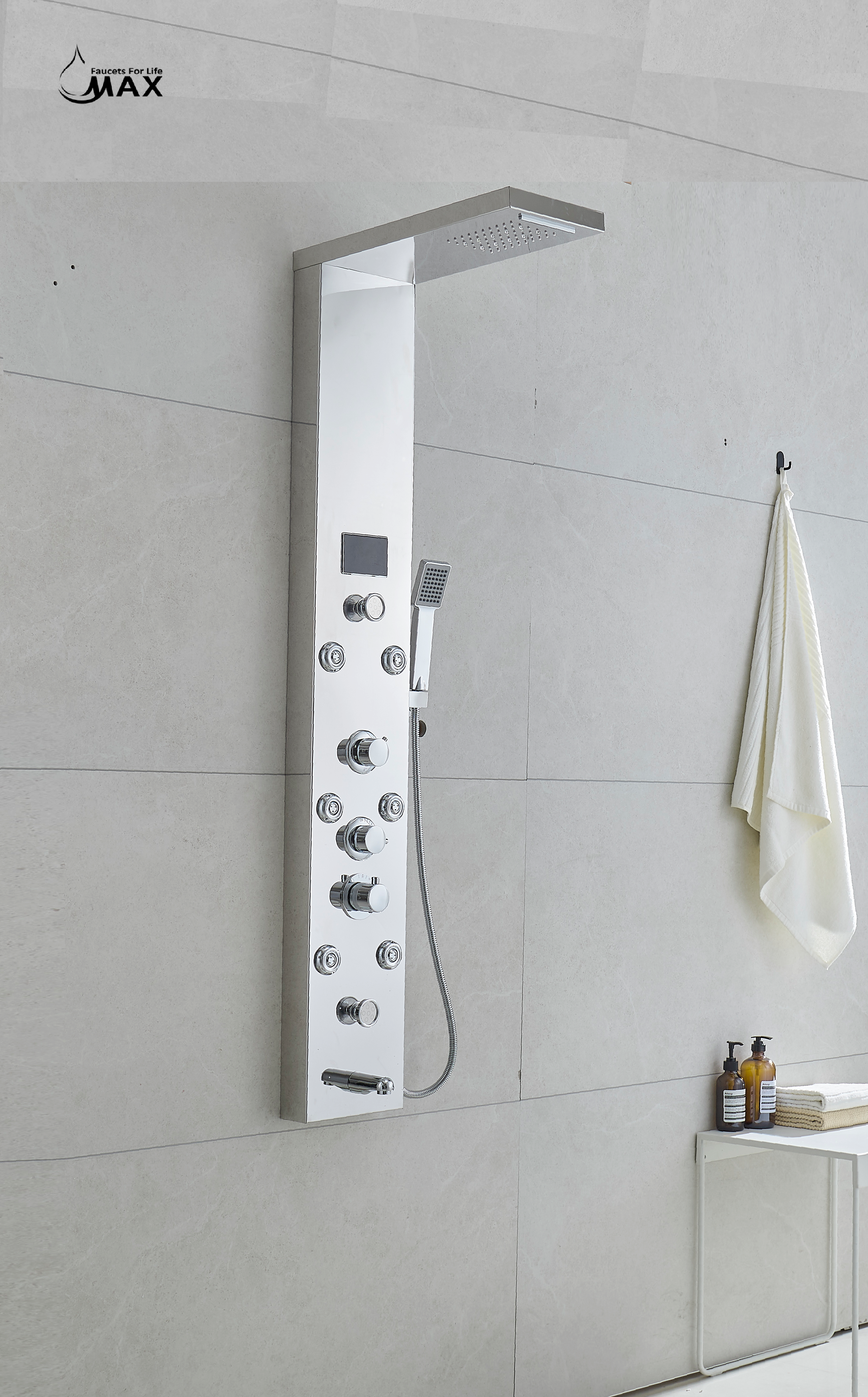 MAX Faucets | Thermostatic Rainfall & Waterfall Shower Panel System – 6 Functions with 8 Massage Jets, Handheld, and Spout (Chrome Finish) BM-SP12011-C