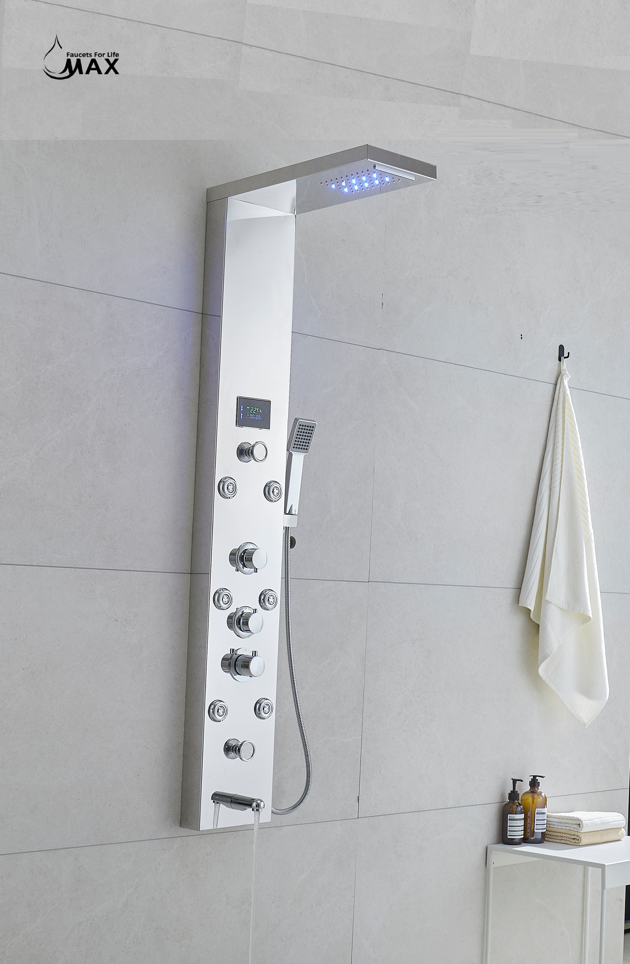 MAX Faucets | Thermostatic Rainfall & Waterfall Shower Panel System – 6 Functions with 8 Massage Jets, Handheld, and Spout (Chrome Finish) BM-SP12011-C