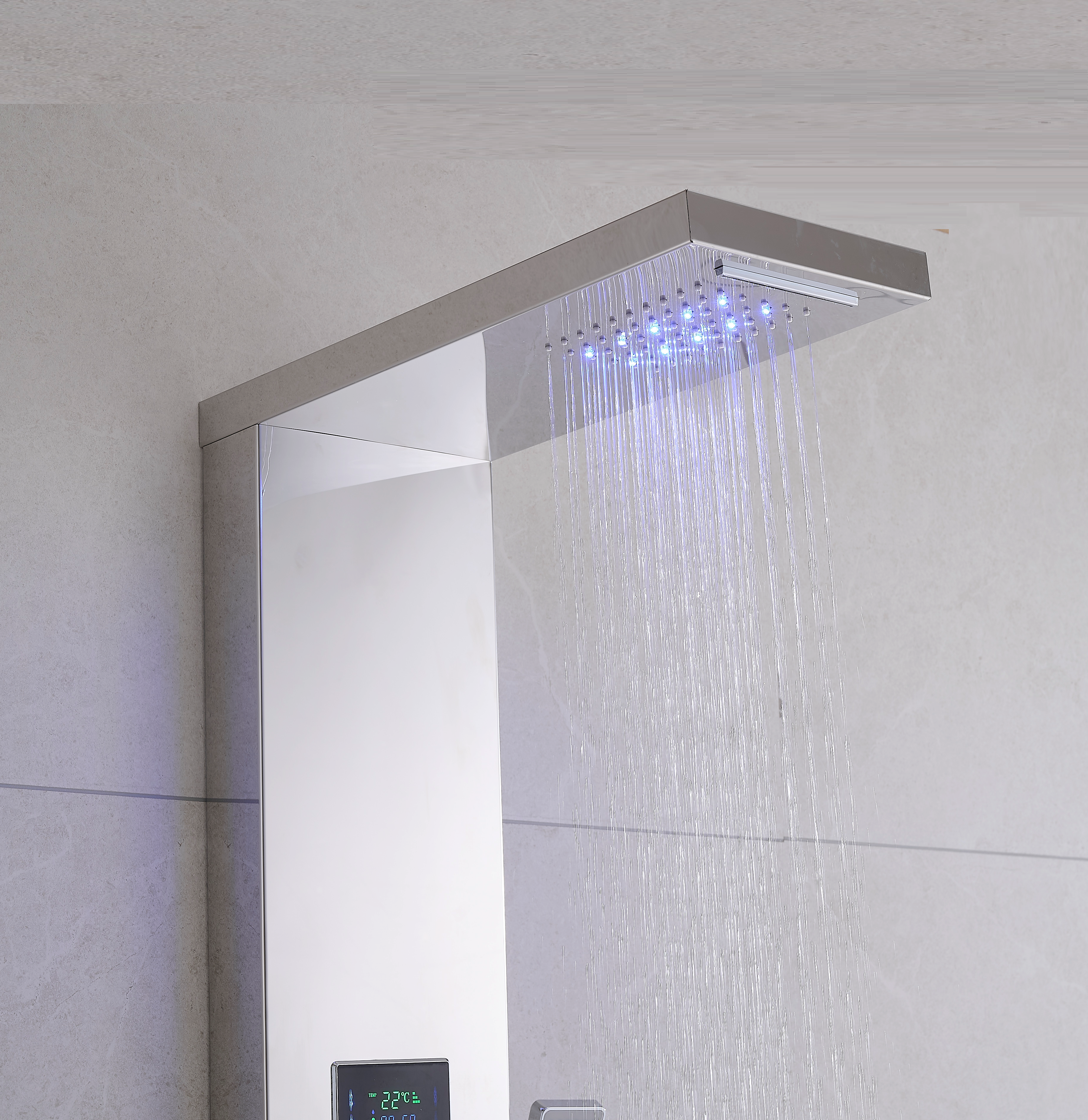 MAX Faucets | Thermostatic Rainfall & Waterfall Shower Panel System – 6 Functions with 8 Massage Jets, Handheld, and Spout (Chrome Finish) BM-SP12011-C