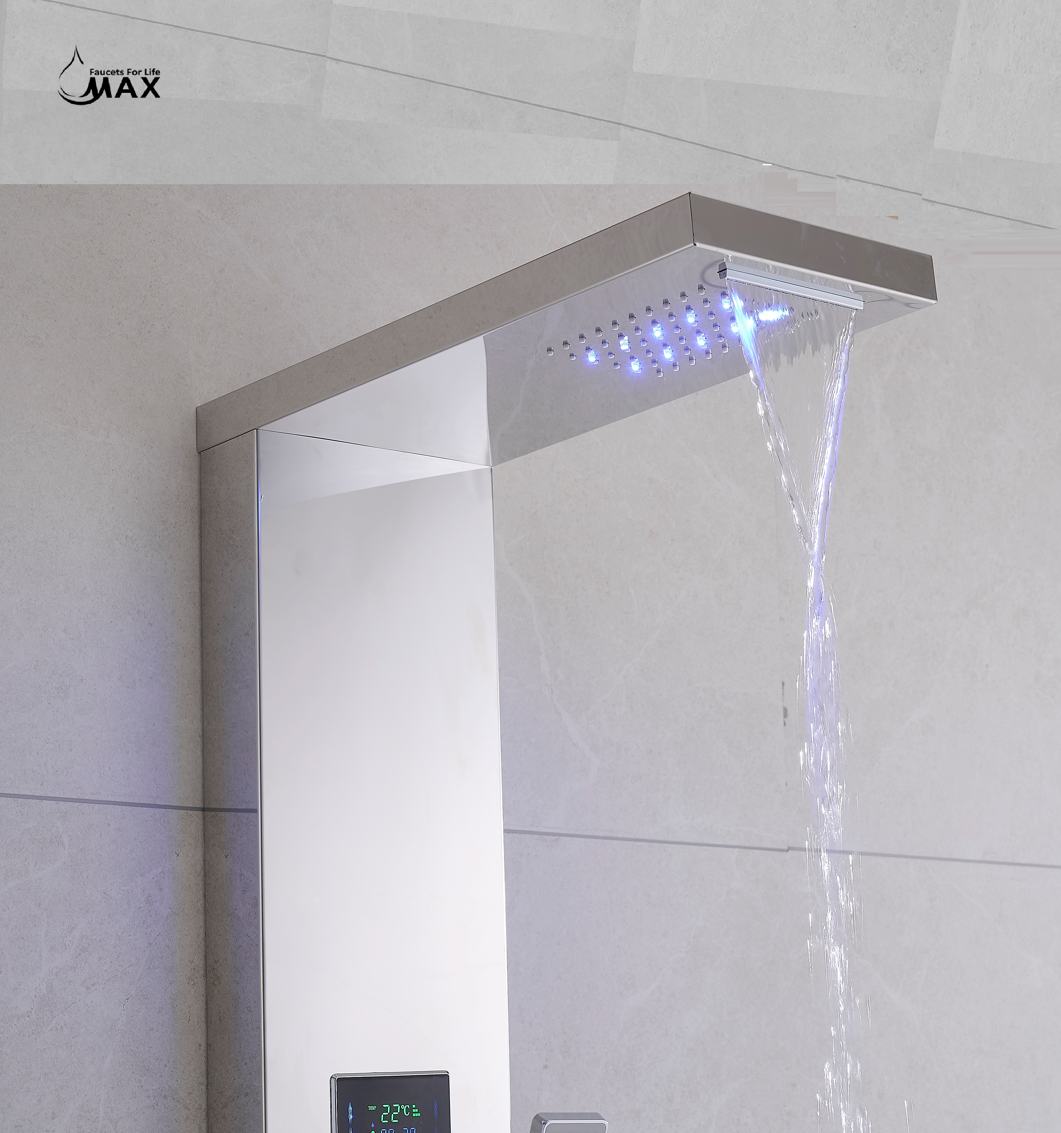 MAX Faucets | Thermostatic Rainfall & Waterfall Shower Panel System – 6 Functions with 8 Massage Jets, Handheld, and Spout (Chrome Finish) BM-SP12011-C