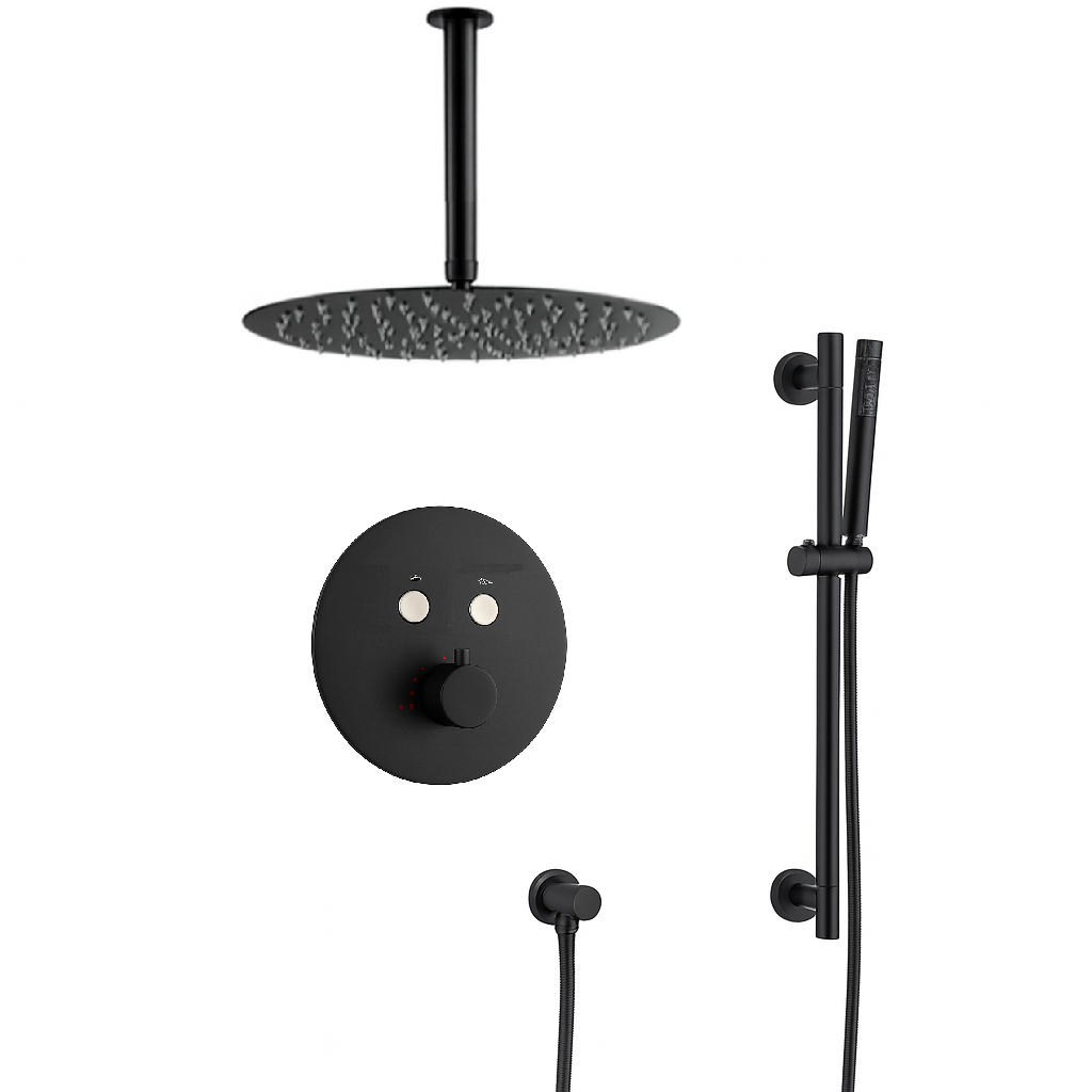 MAX Faucets Thermostatic Shower System – 2 Functions with Push Buttons, Handheld Slide Bar & Pressure-Balance Valve – Matte Black Finish – Ceiling-Mounted Round Shower Head YM-RC9022THSB-MB