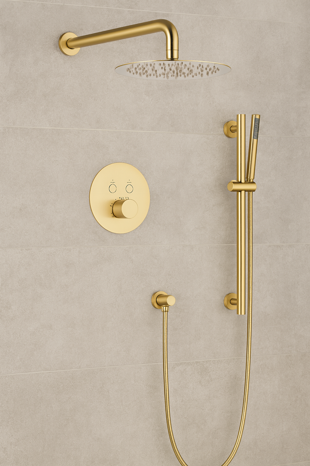 MAX Faucets Thermostatic Shower System – 2 Functions with Push Buttons, Handheld Slide Bar & Pressure-Balance Valve – 12" Round Shower Head – Brushed Gold Finish YM-RW9022THSB-BG