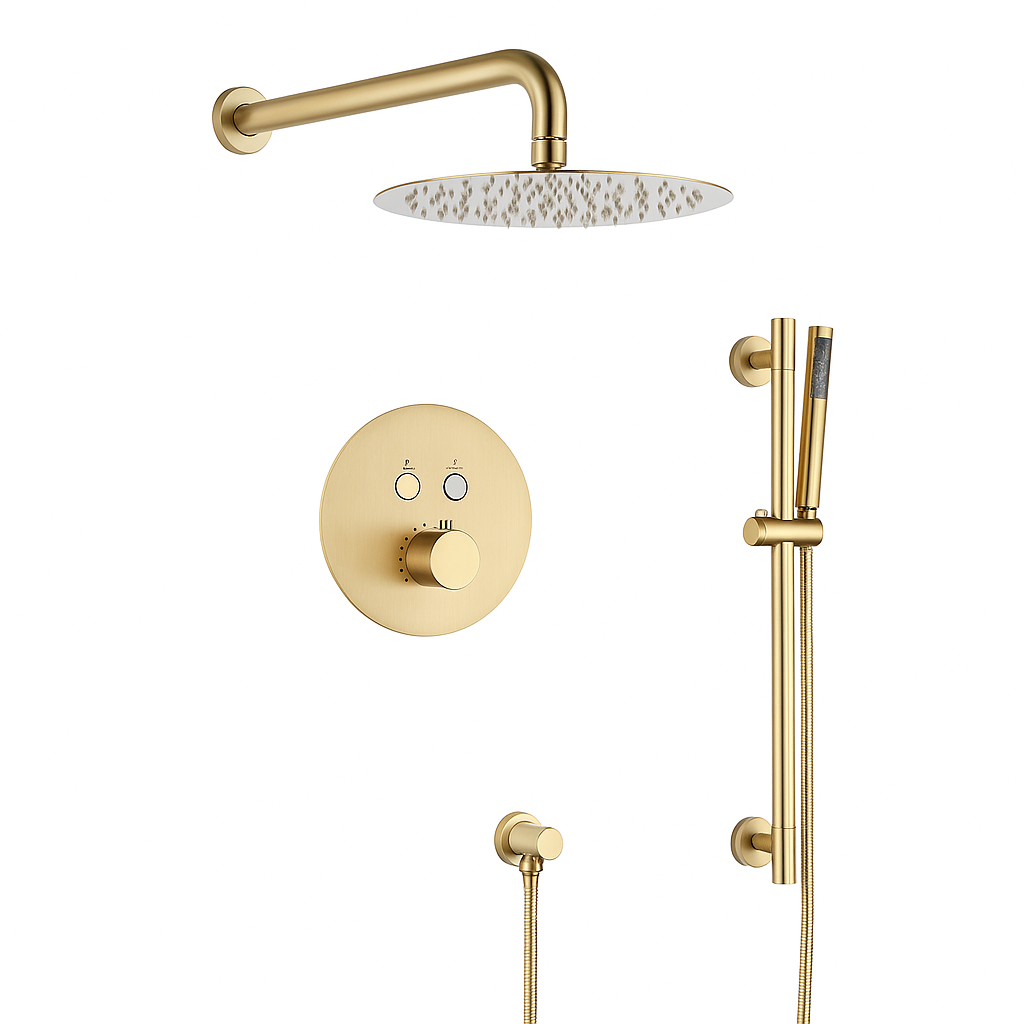 MAX Faucets Thermostatic Shower System – 2 Functions with Push Buttons, Handheld Slide Bar & Pressure-Balance Valve – 12" Round Shower Head – Brushed Gold Finish YM-RW9022THSB-BG