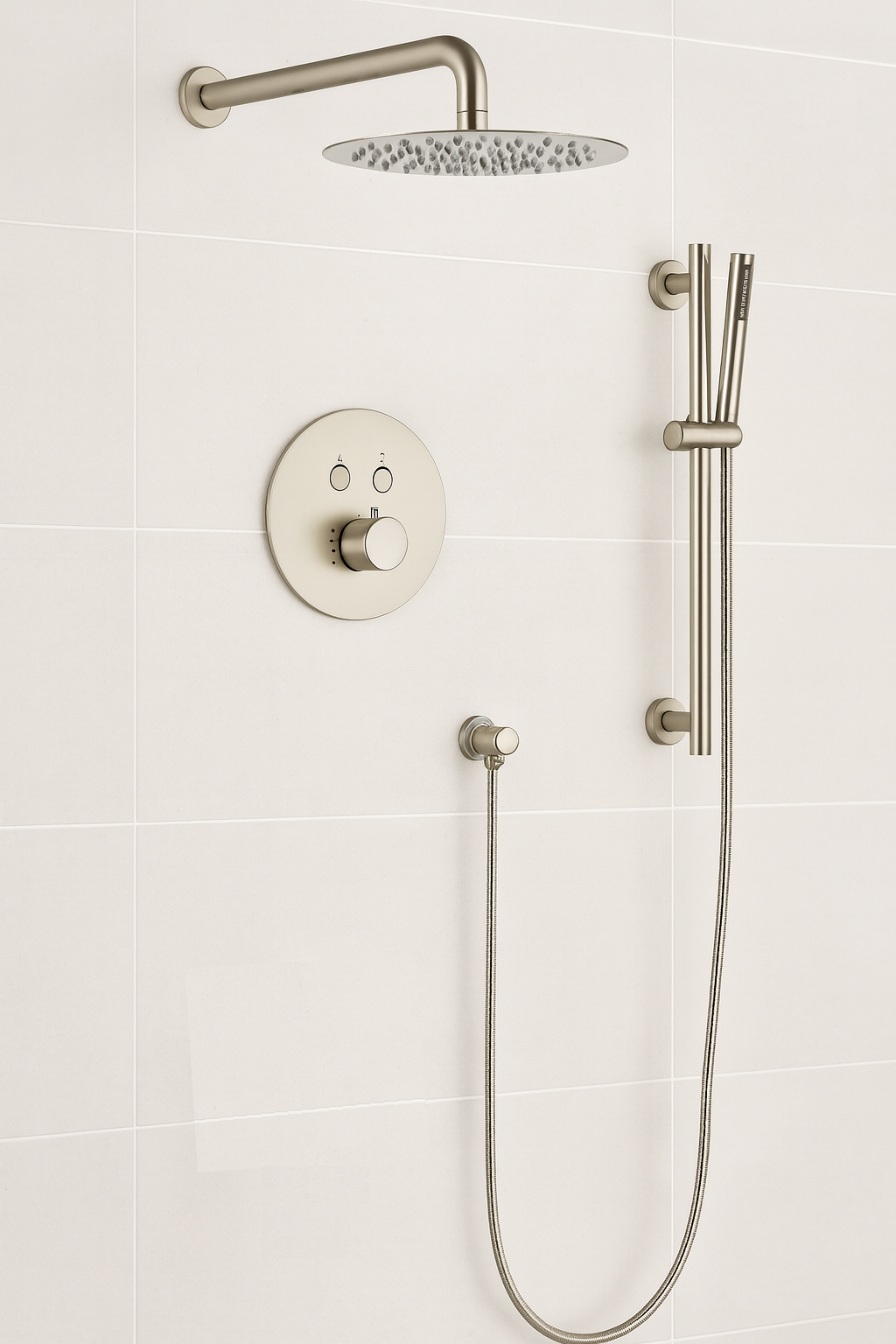 MAX Faucets Thermostatic Shower System – 2 Functions with Push Buttons, Handheld Slide Bar & Pressure-Balance Valve – 12" Round Shower Head – Brushed Nickel Finish YM-RW9022THSB-BN