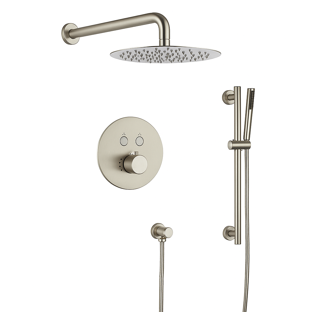 MAX Faucets Thermostatic Shower System – 2 Functions with Push Buttons, Handheld Slide Bar & Pressure-Balance Valve – 12" Round Shower Head – Brushed Nickel Finish YM-RW9022THSB-BN